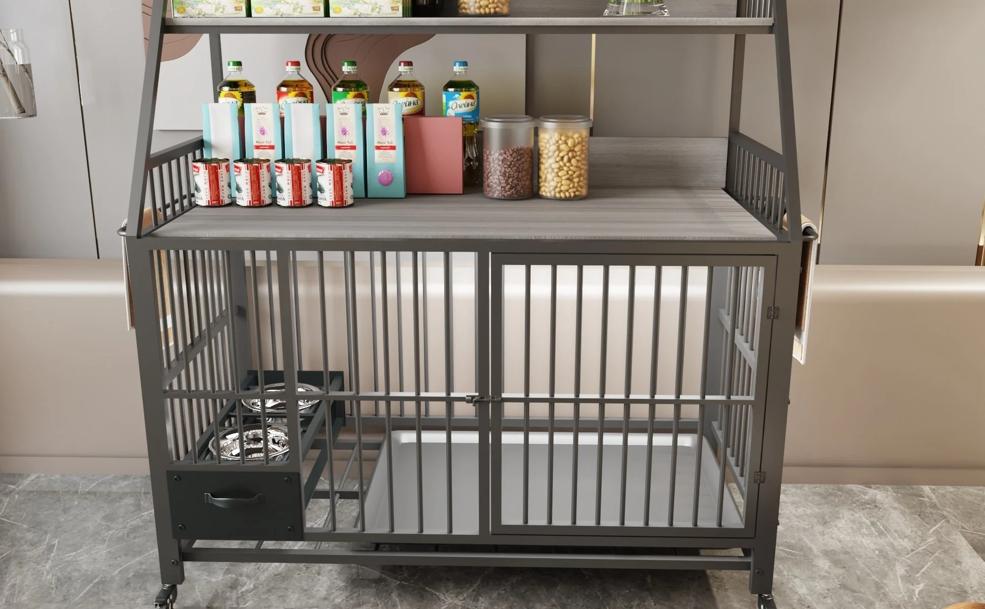 Large Pet Cage with Storage Rack and Stainless Steel Basins - Image 17