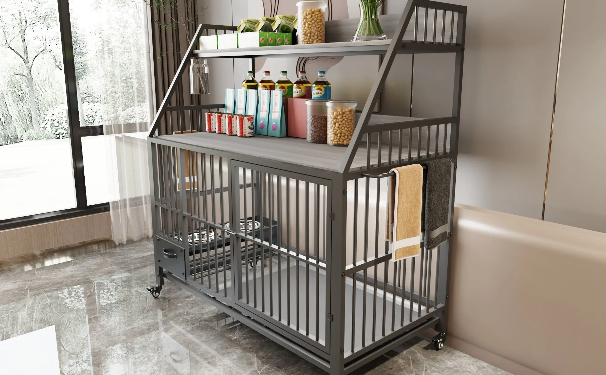 Large Pet Cage with Storage Rack and Stainless Steel Basins - Image 18