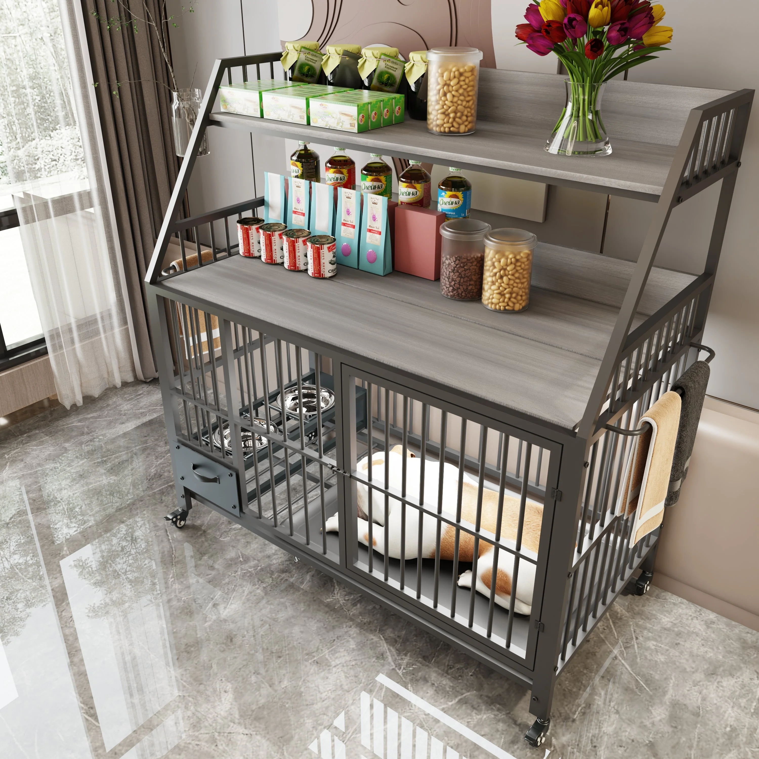 Large Pet Cage with Storage Rack and Stainless Steel Basins - Image 2