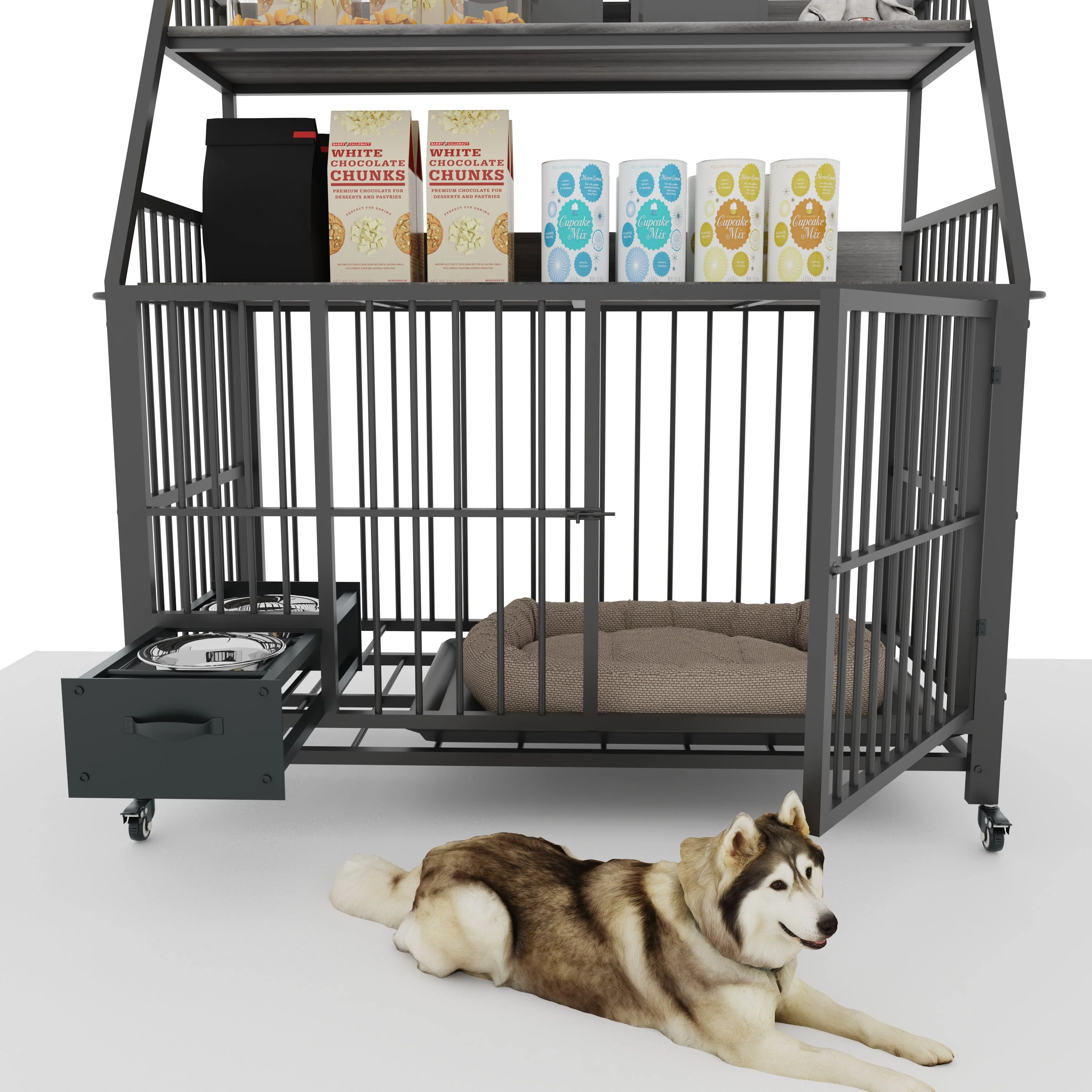 Large Pet Cage with Storage Rack and Stainless Steel Basins - Image 24