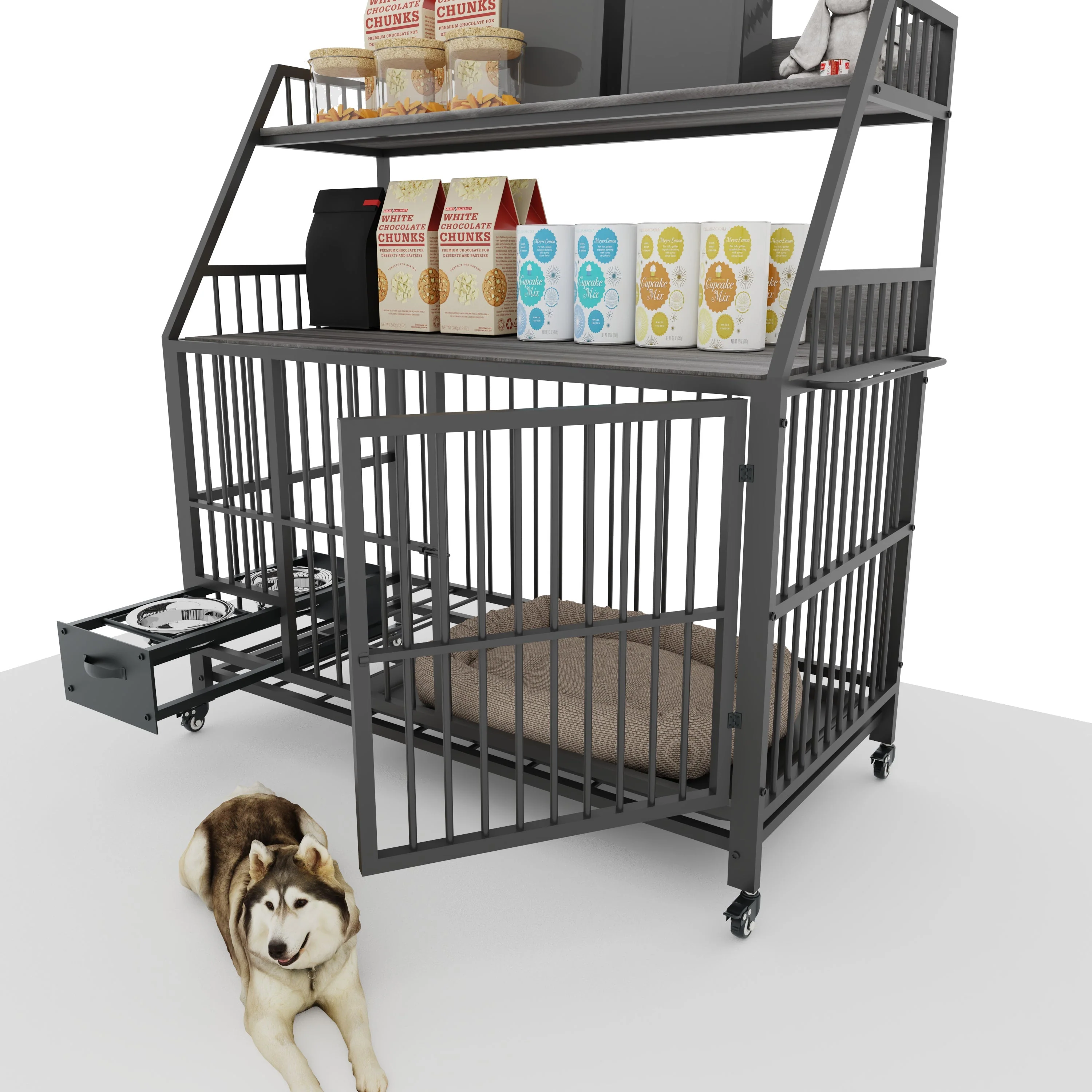 Large Pet Cage with Storage Rack and Stainless Steel Basins - Image 25