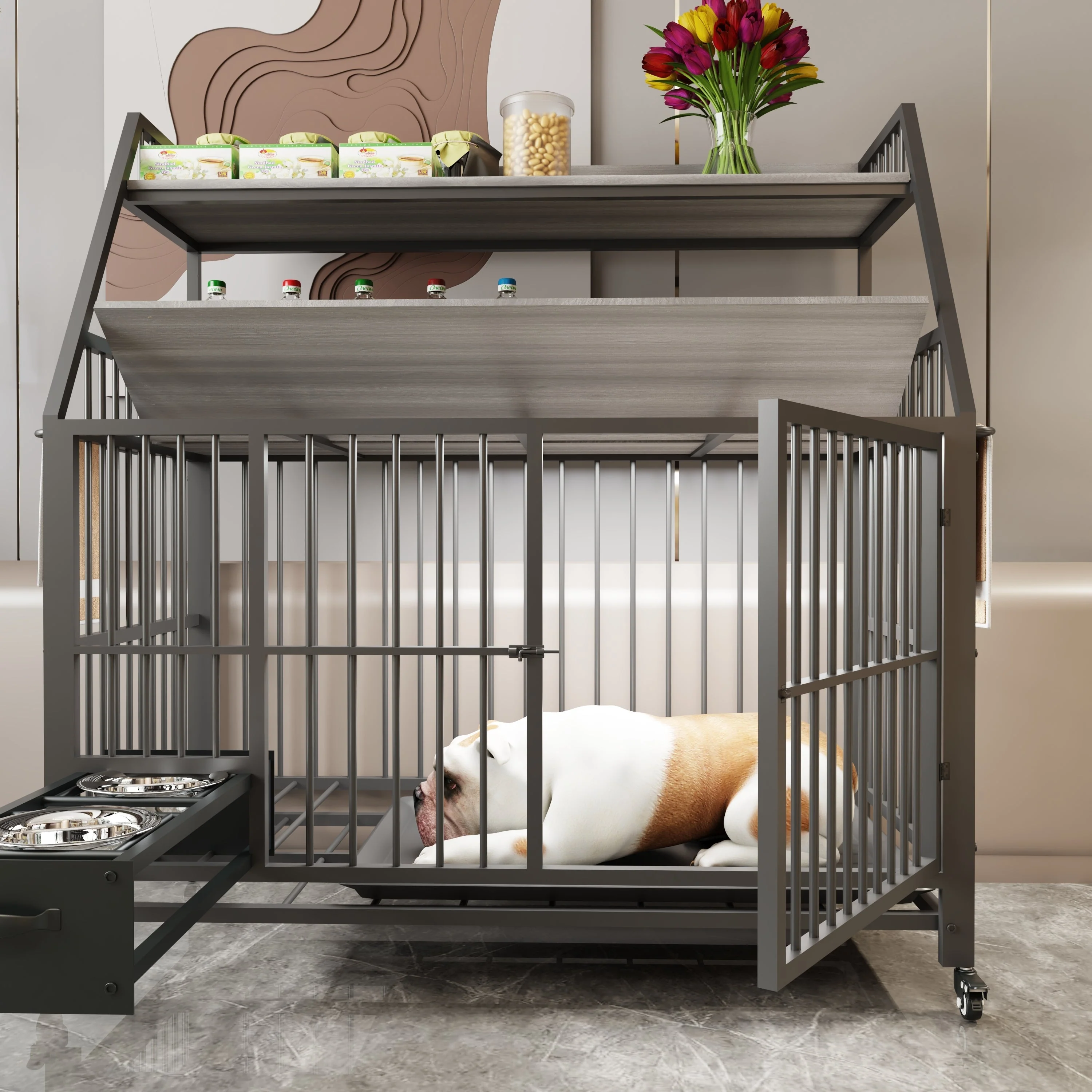 Large Pet Cage with Storage Rack and Stainless Steel Basins - Image 3