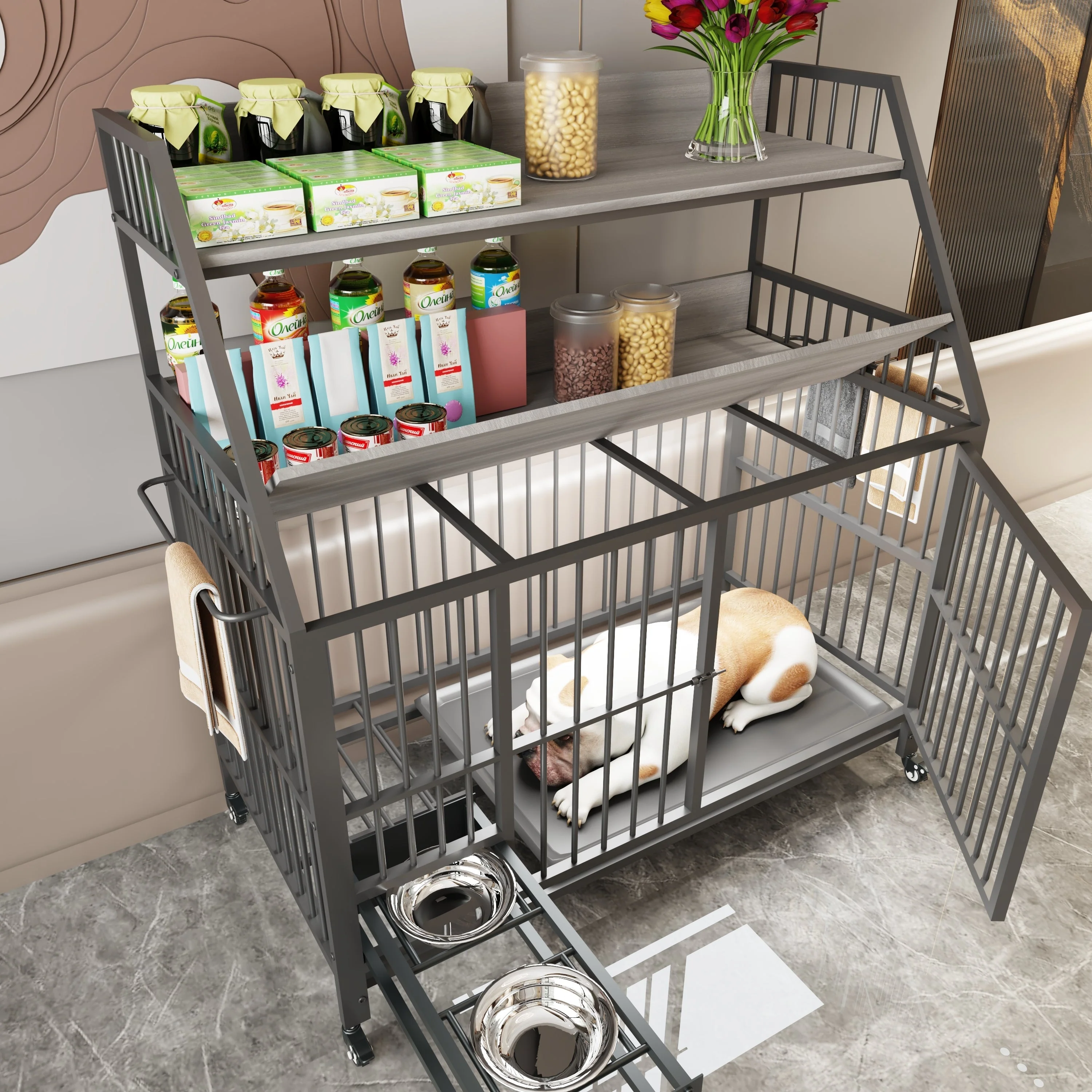 Large Pet Cage with Storage Rack and Stainless Steel Basins - Image 4