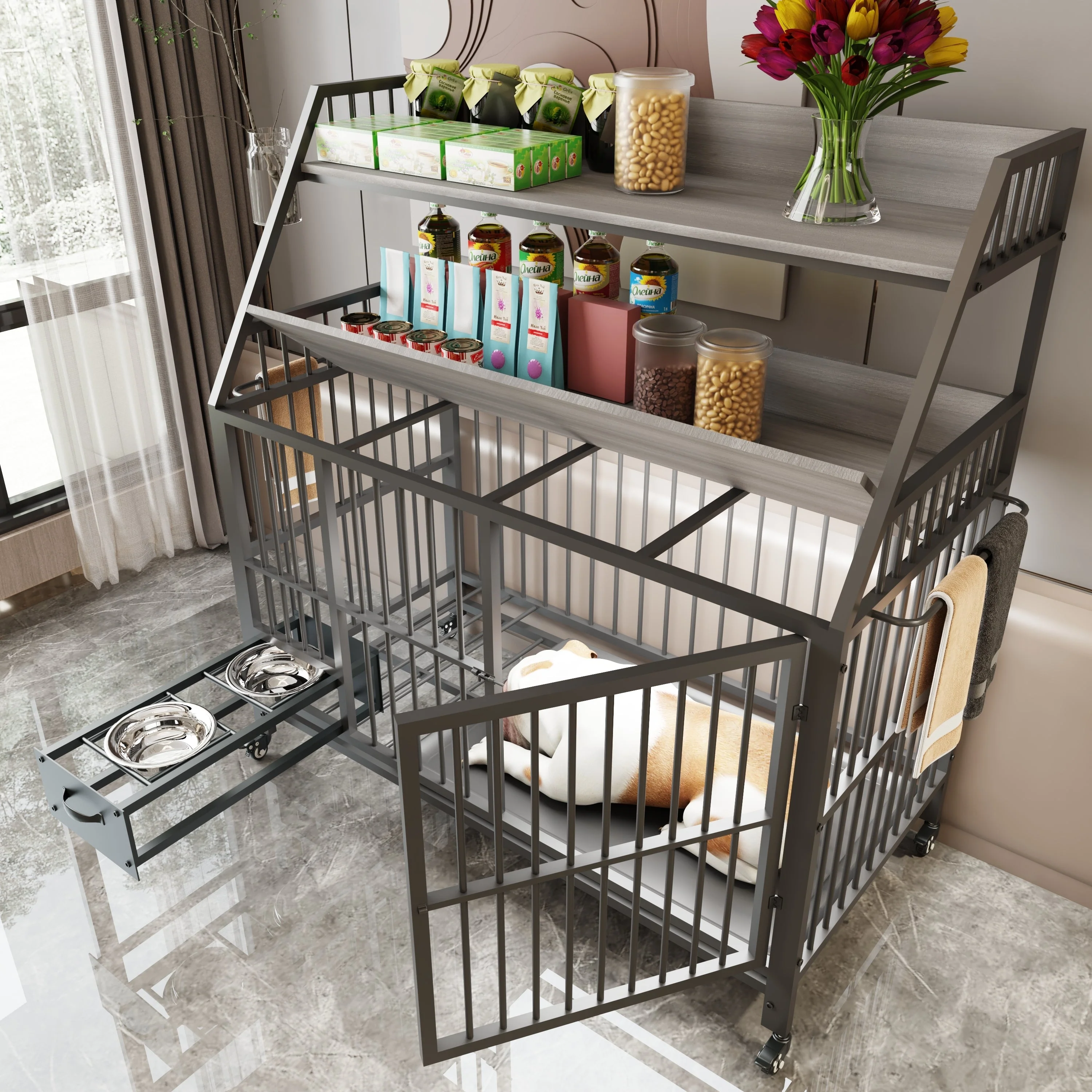 Large Pet Cage with Storage Rack and Stainless Steel Basins - Image 5