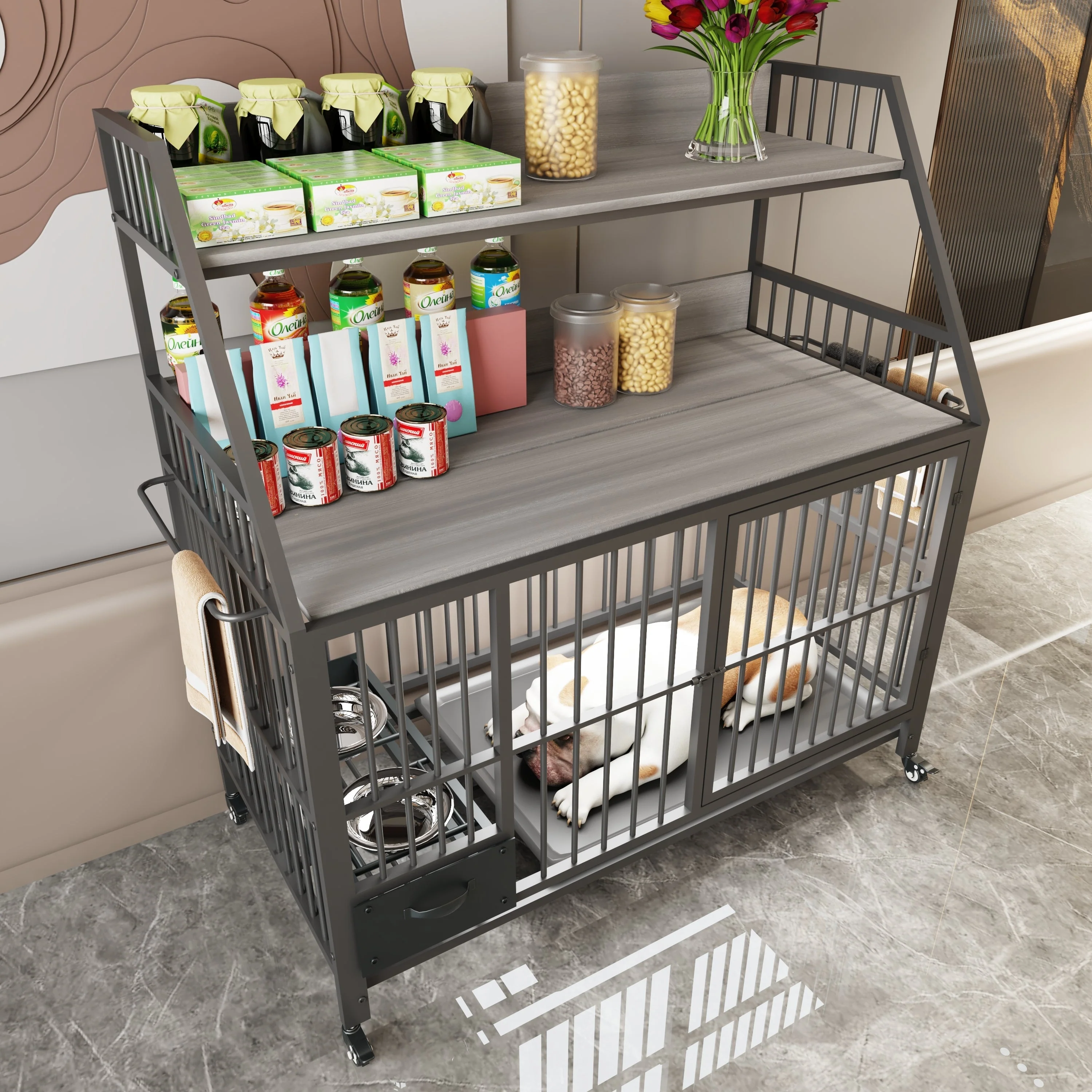 Large Pet Cage with Storage Rack and Stainless Steel Basins - Image 6