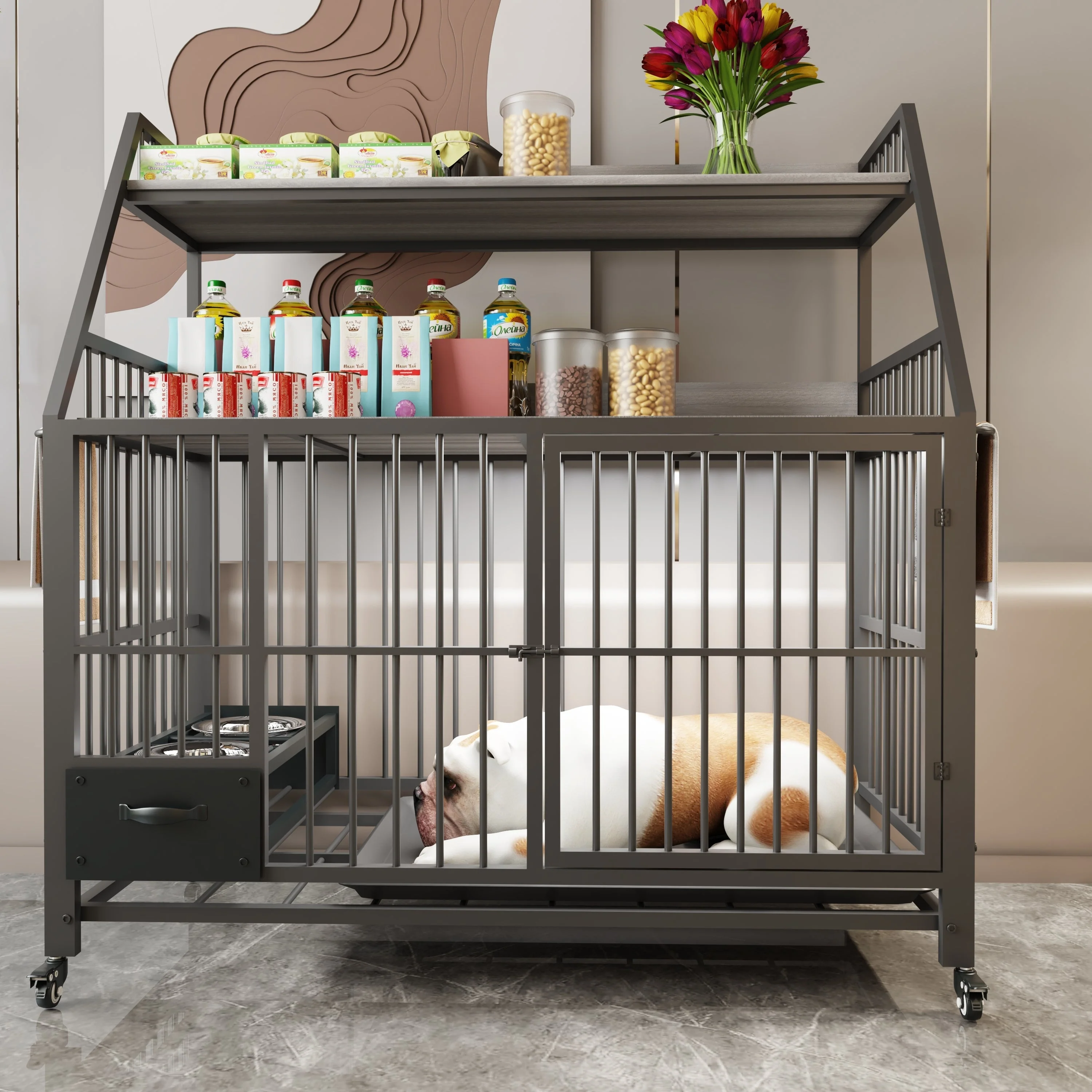 Large Pet Cage with Storage Rack and Stainless Steel Basins - Image 7
