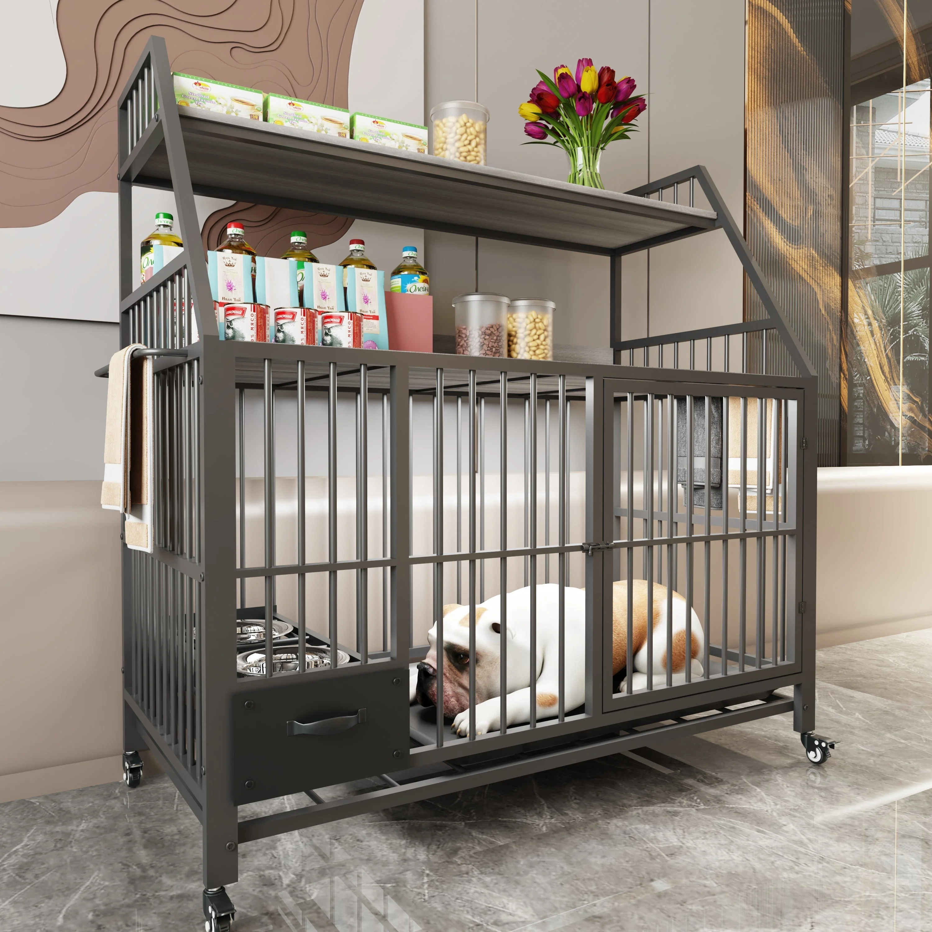 Large Pet Cage with Storage Rack and Stainless Steel Basins - Image 8
