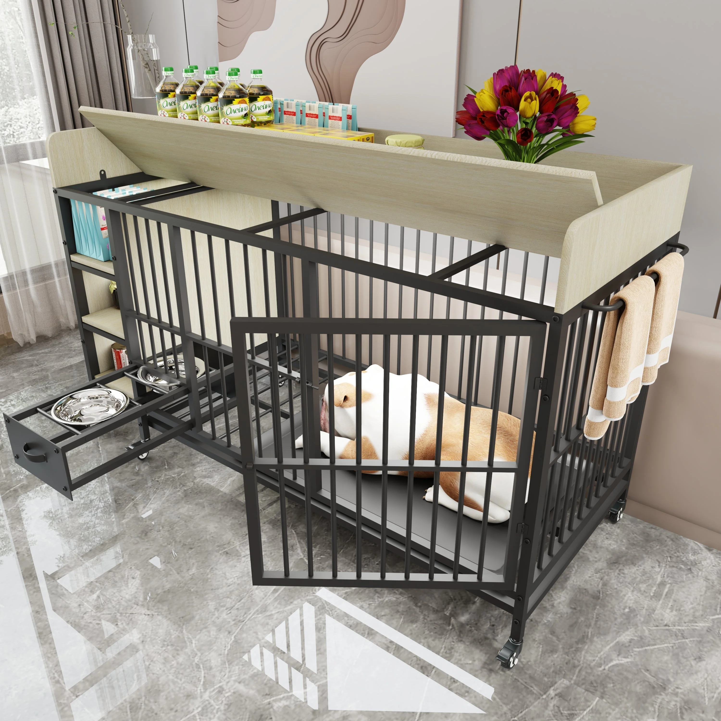 Large Pet Cage with Storage Rack Black and Beige - Image 10