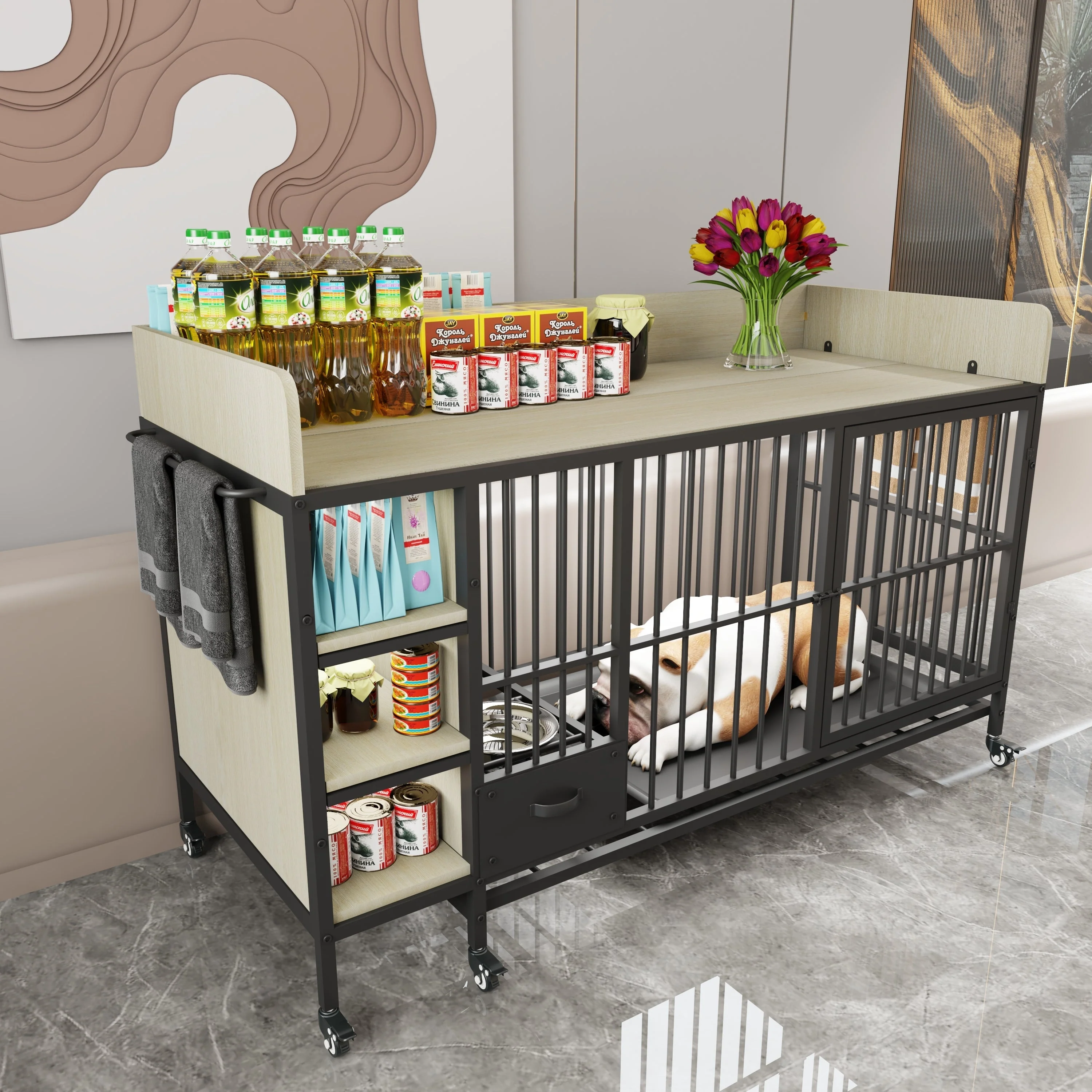 Large Pet Cage with Storage Rack Black and Beige - Image 11