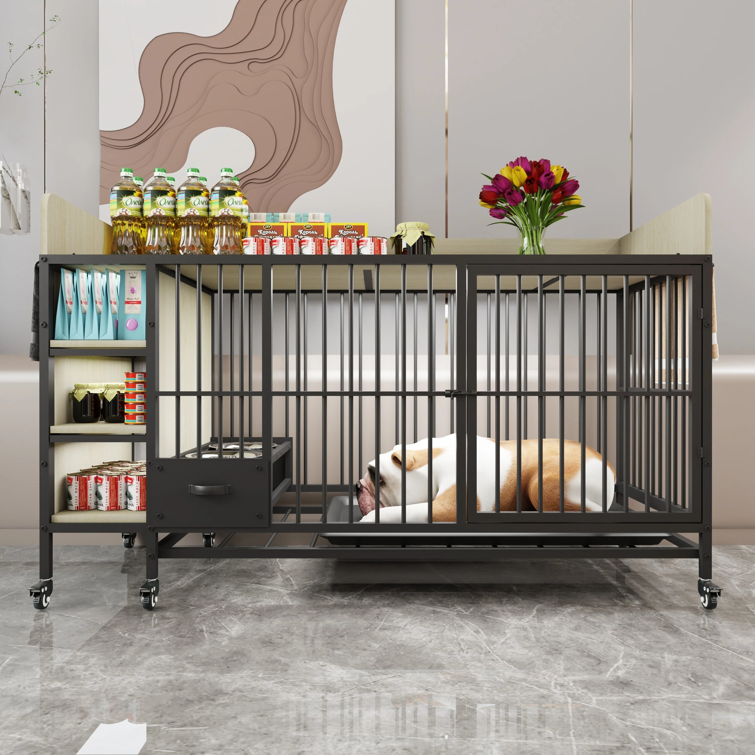 Large Pet Cage with Storage Rack Black and Beige - Image 12