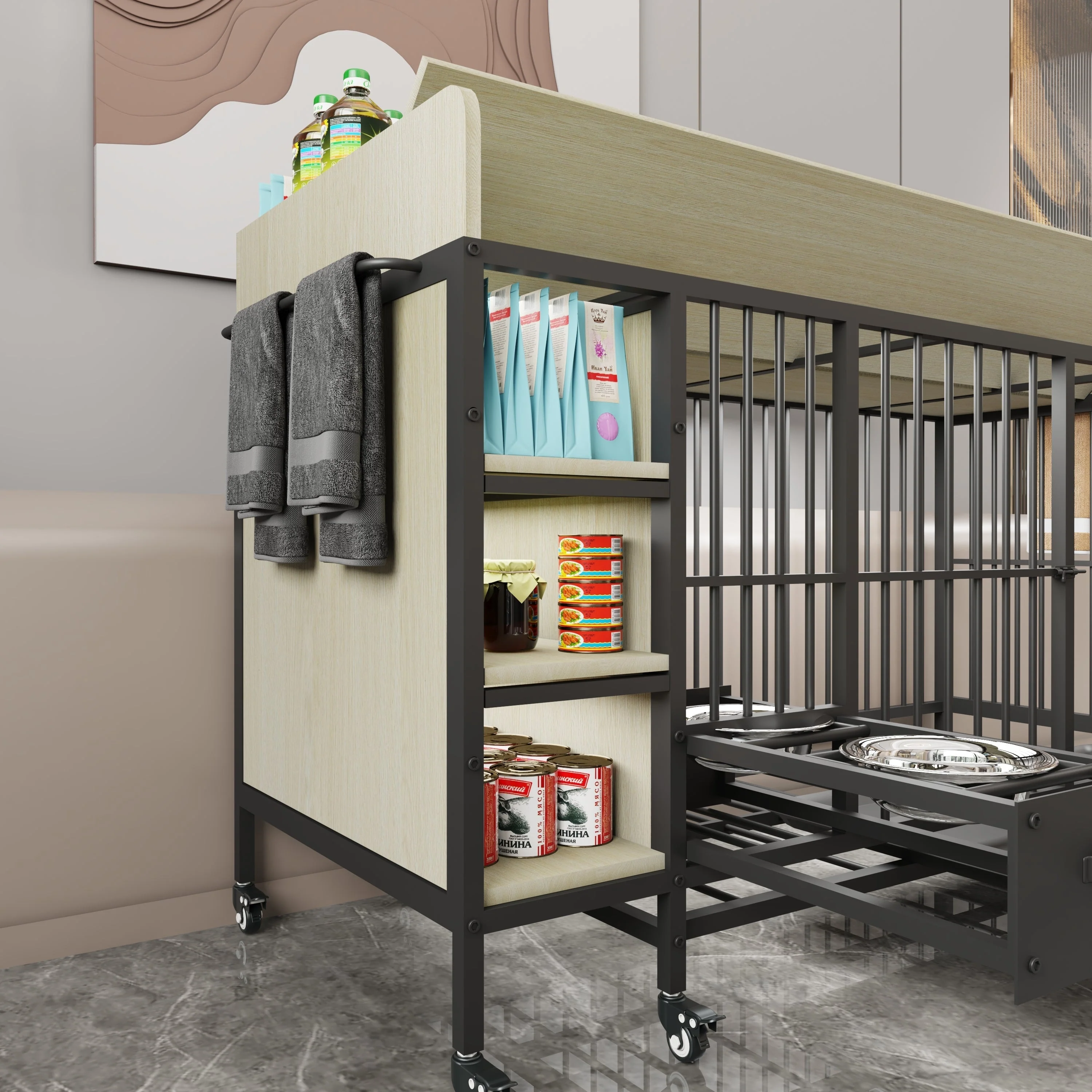 Large Pet Cage with Storage Rack Black and Beige - Image 14