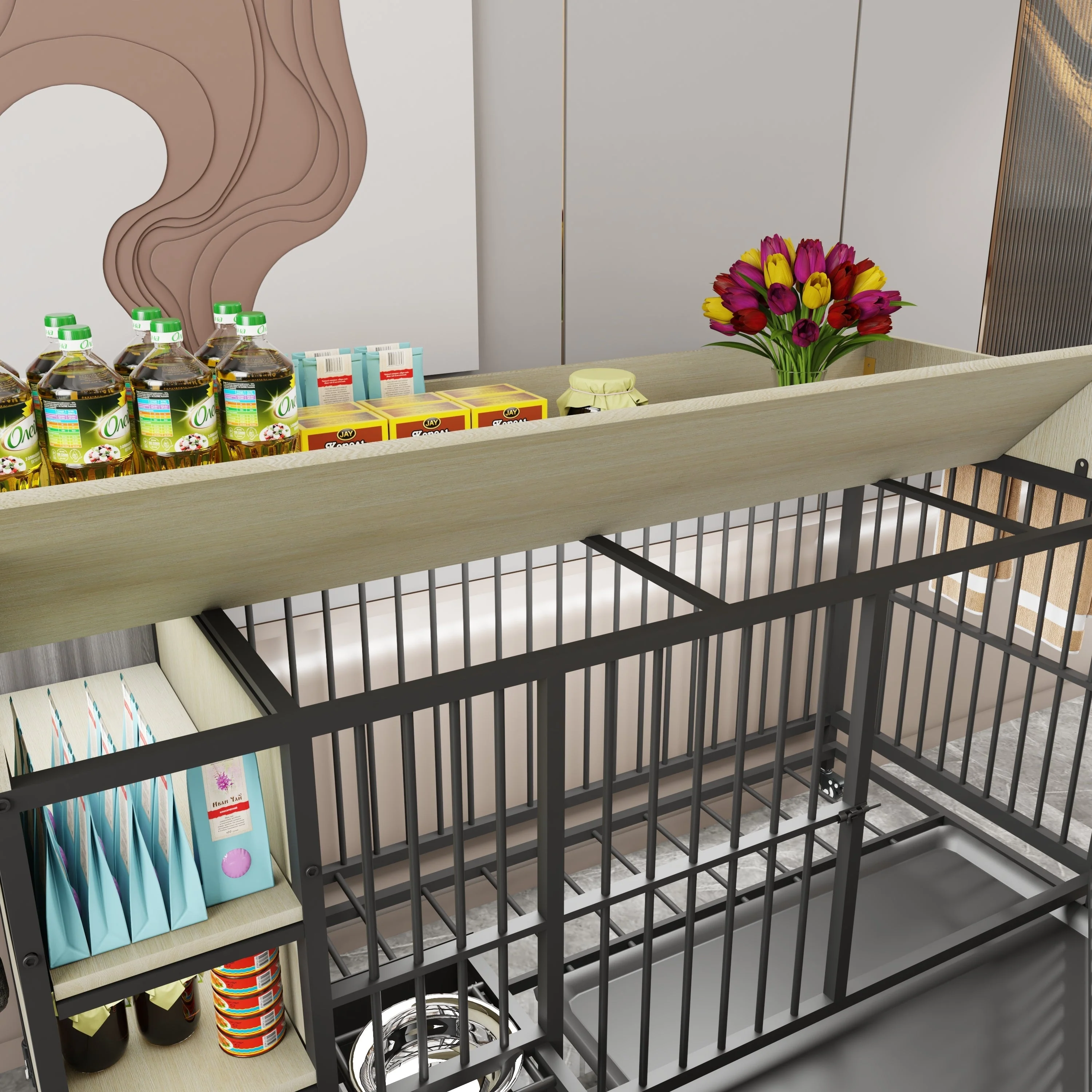 Large Pet Cage with Storage Rack Black and Beige - Image 15
