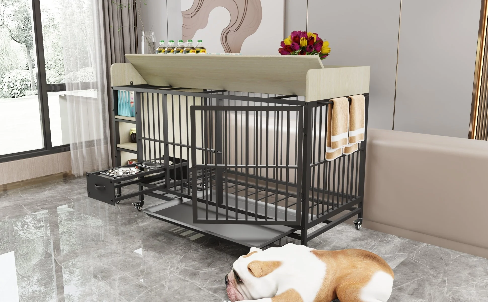 Large Pet Cage with Storage Rack Black and Beige - Image 17