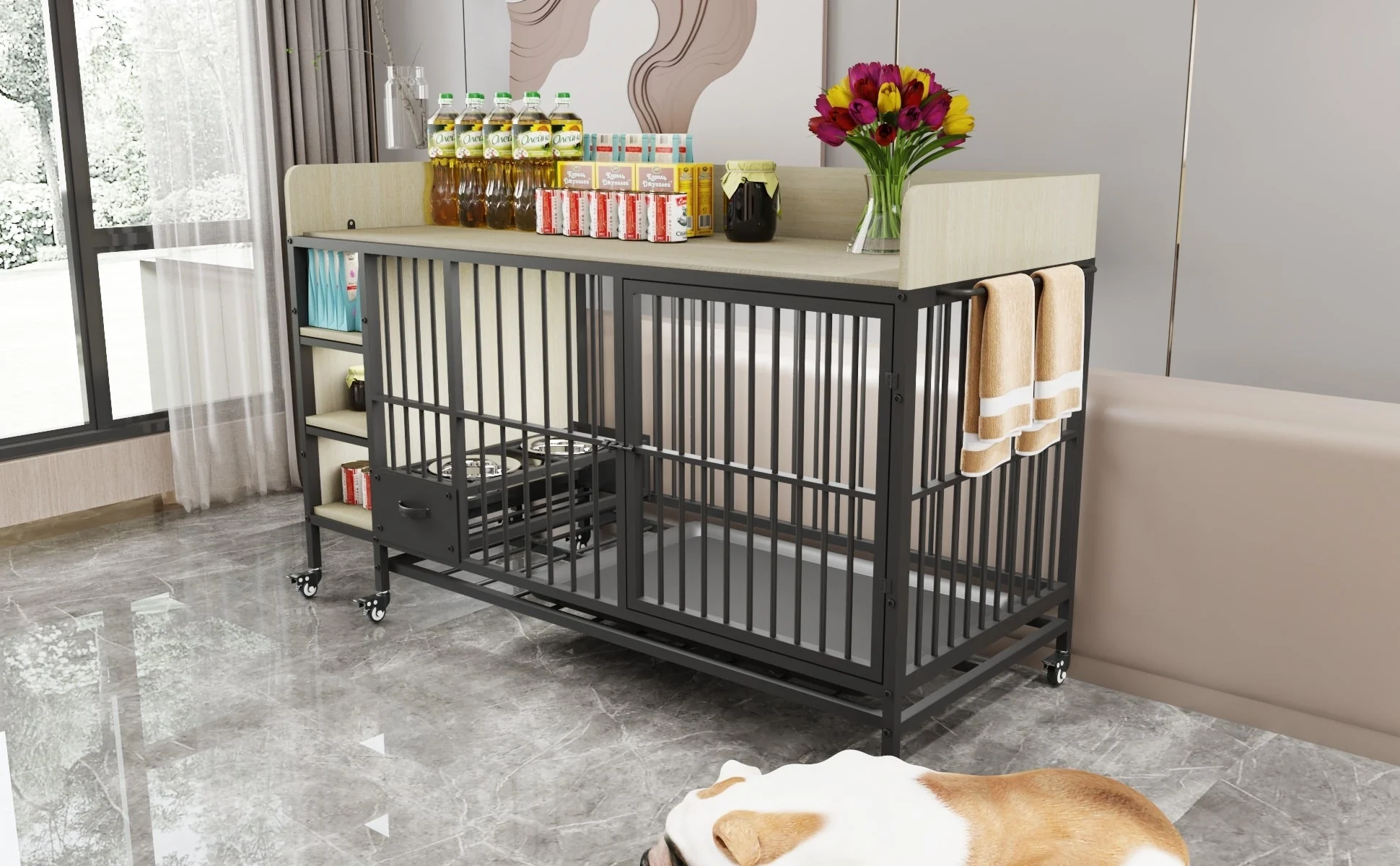Large Pet Cage with Storage Rack Black and Beige - Image 18