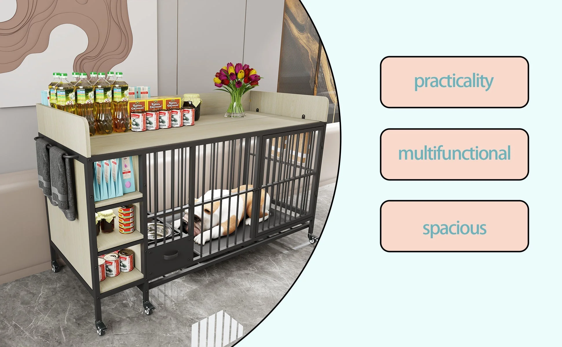 Large Pet Cage with Storage Rack Black and Beige - Image 19
