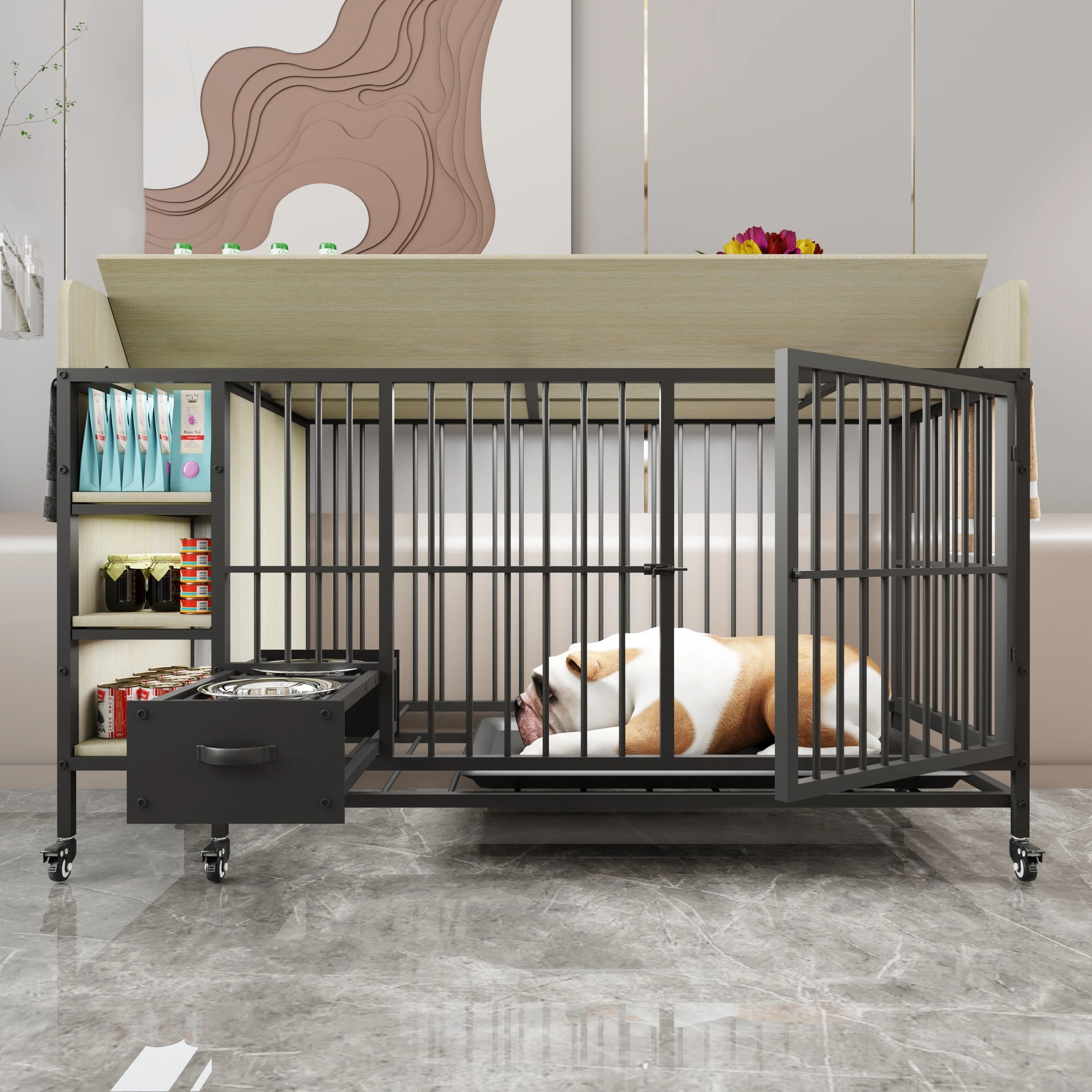 Large Pet Cage with Storage Rack Black and Beige - Image 2