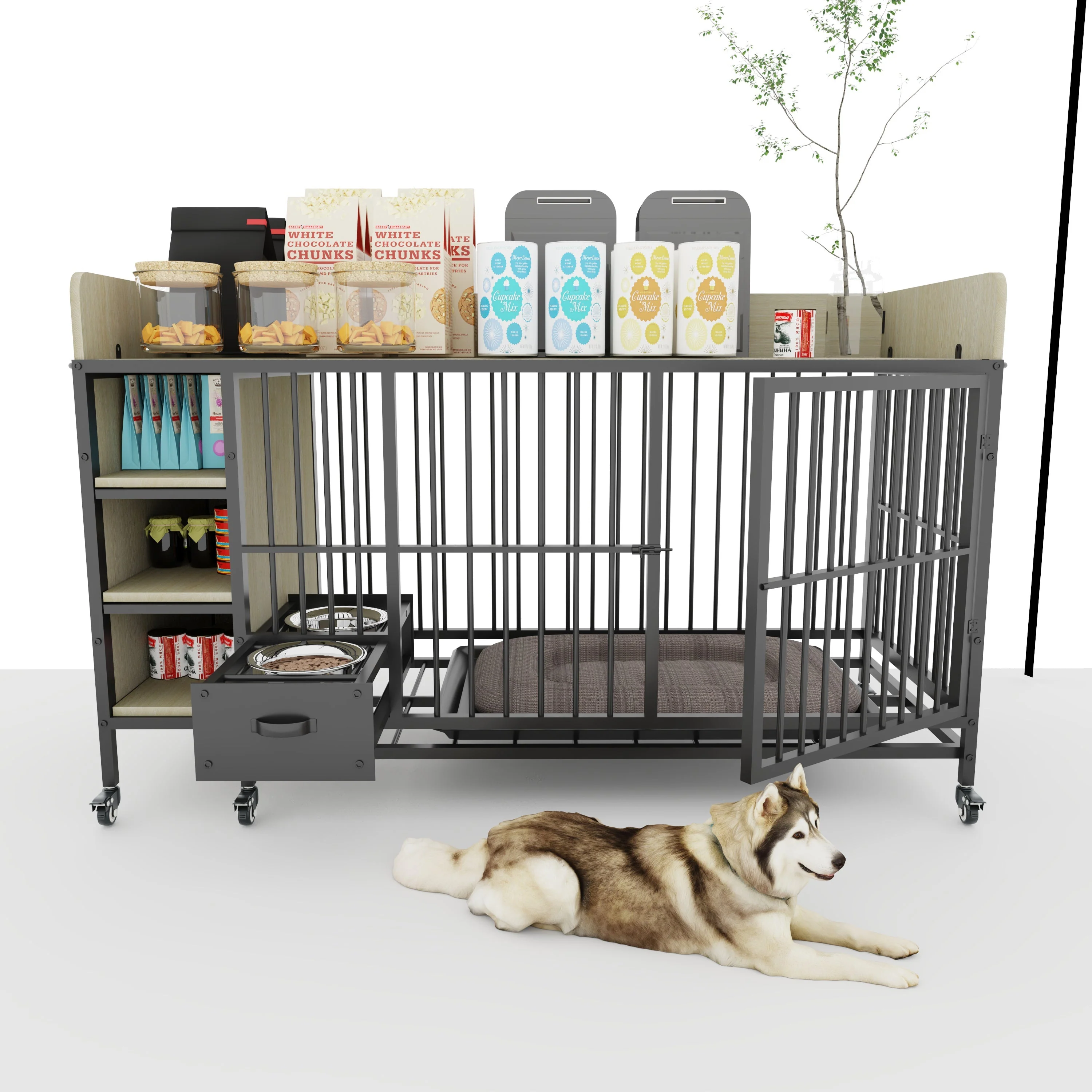 Large Pet Cage with Storage Rack Black and Beige - Image 23