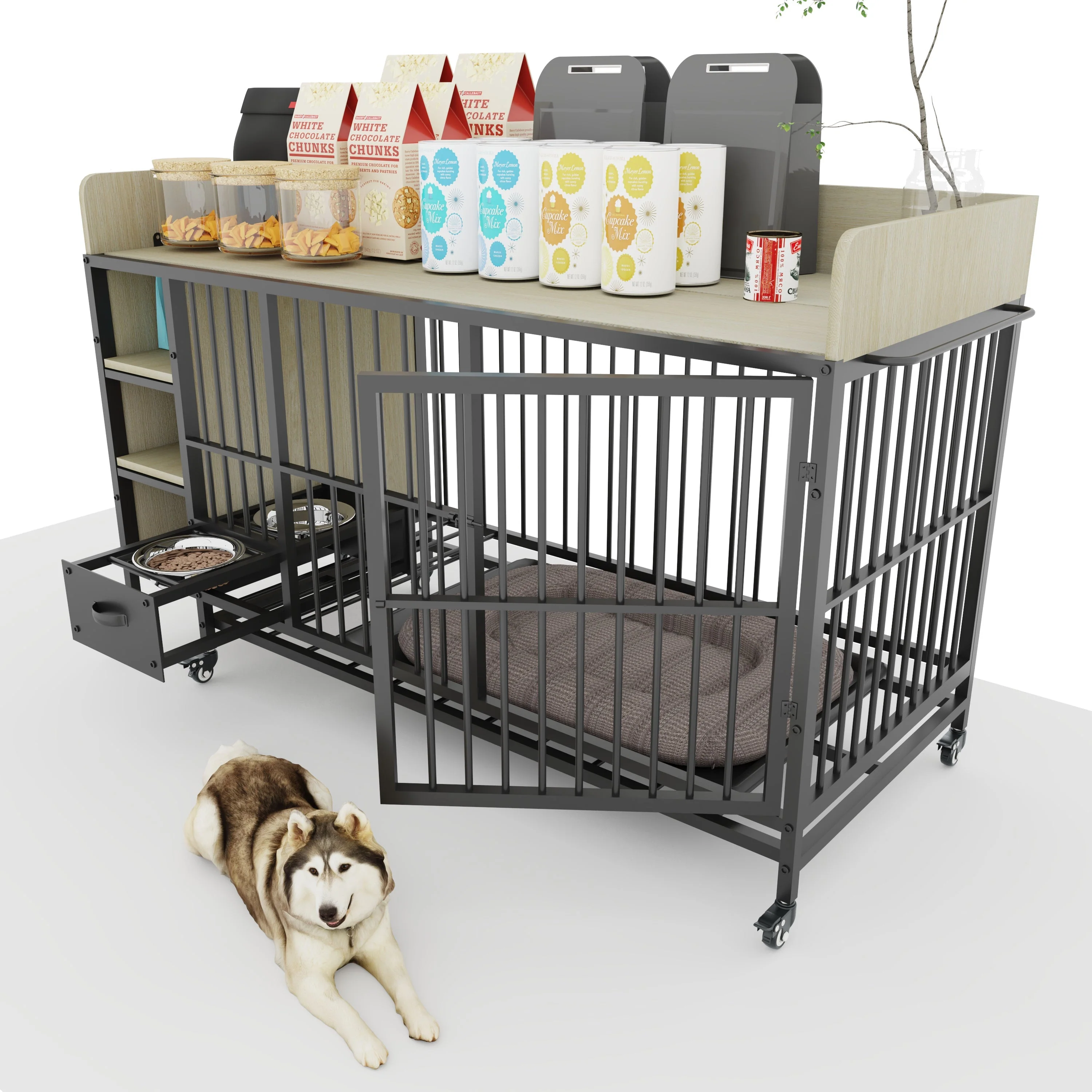 Large Pet Cage with Storage Rack Black and Beige - Image 24