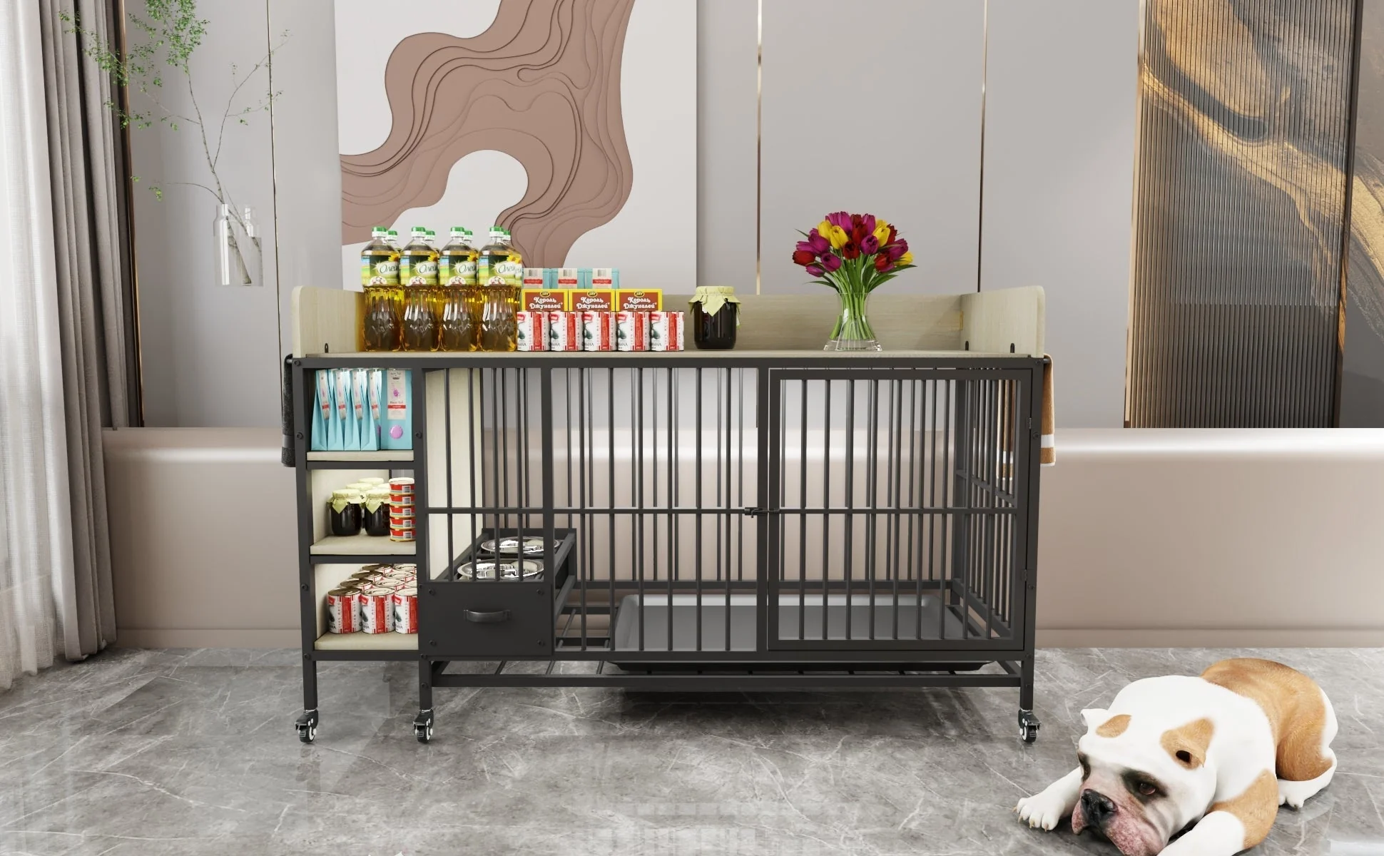 Large Pet Cage with Storage Rack Black and Beige - Image 3