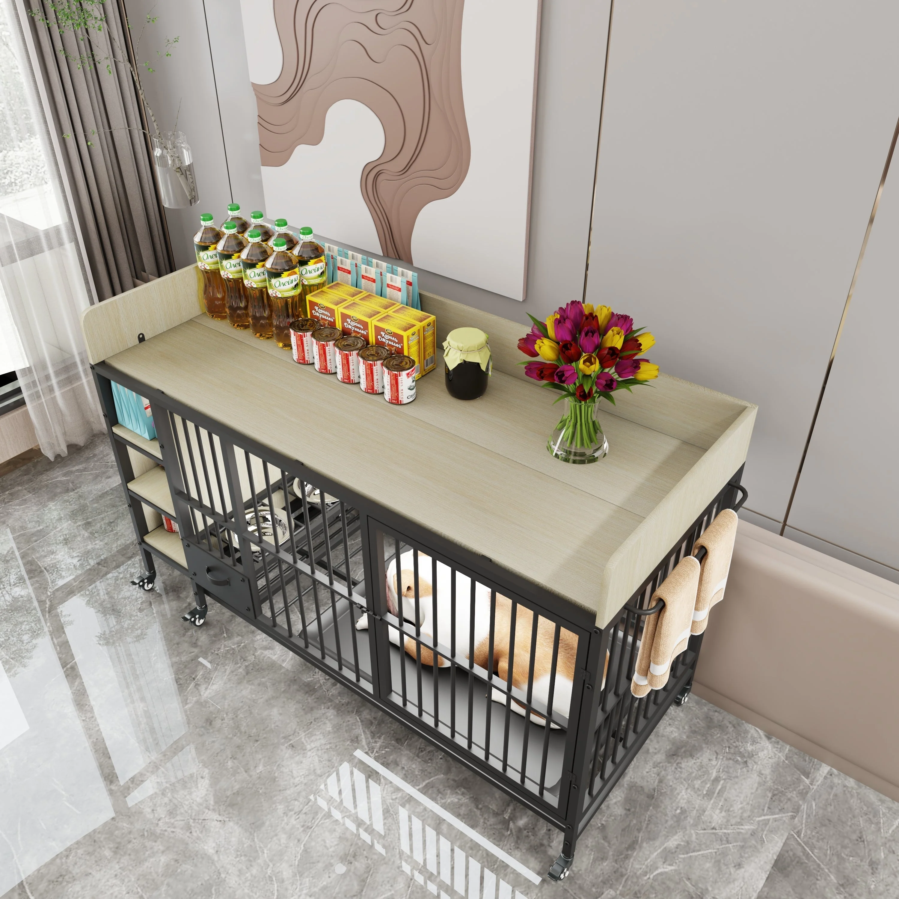 Large Pet Cage with Storage Rack Black and Beige - Image 4