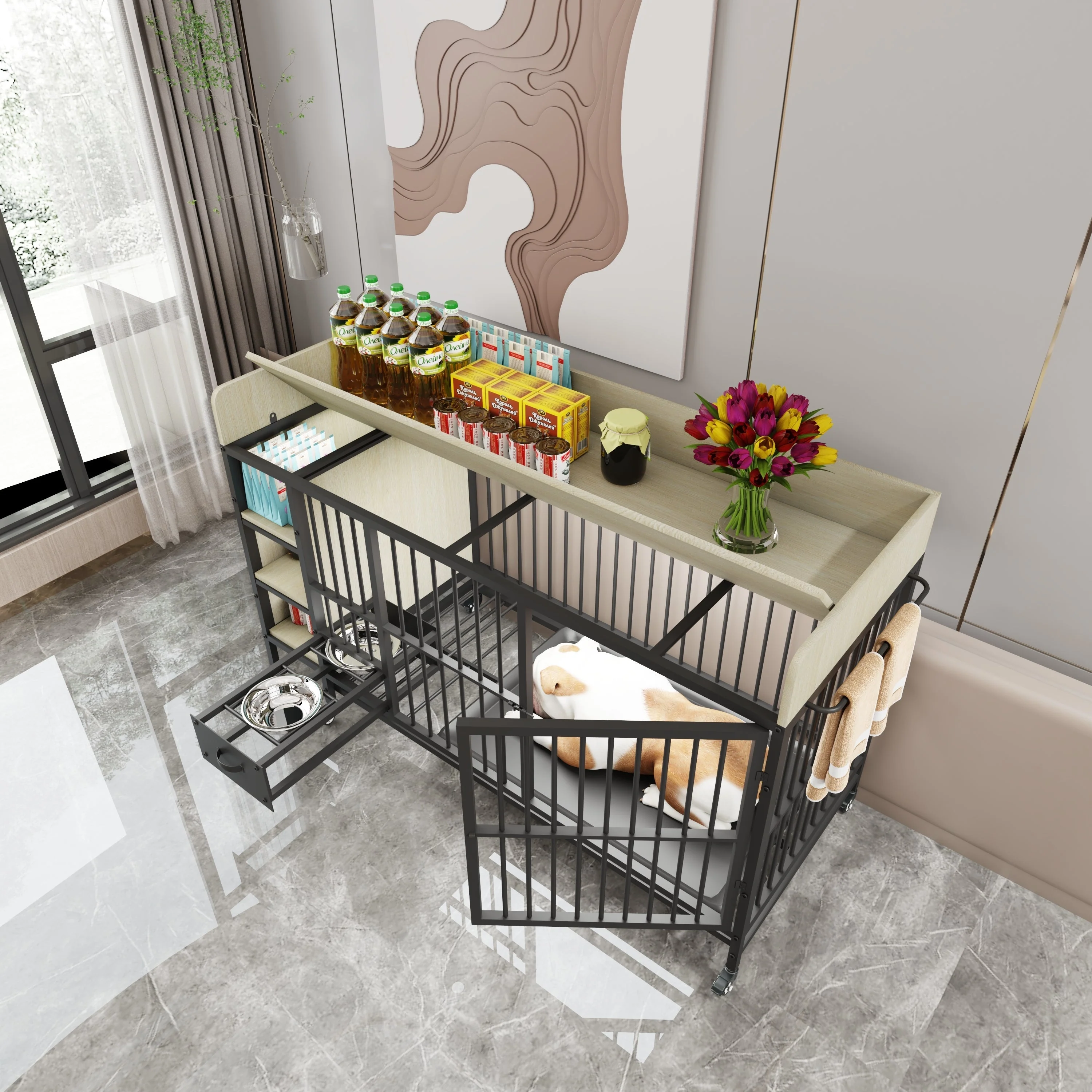 Large Pet Cage with Storage Rack Black and Beige - Image 5
