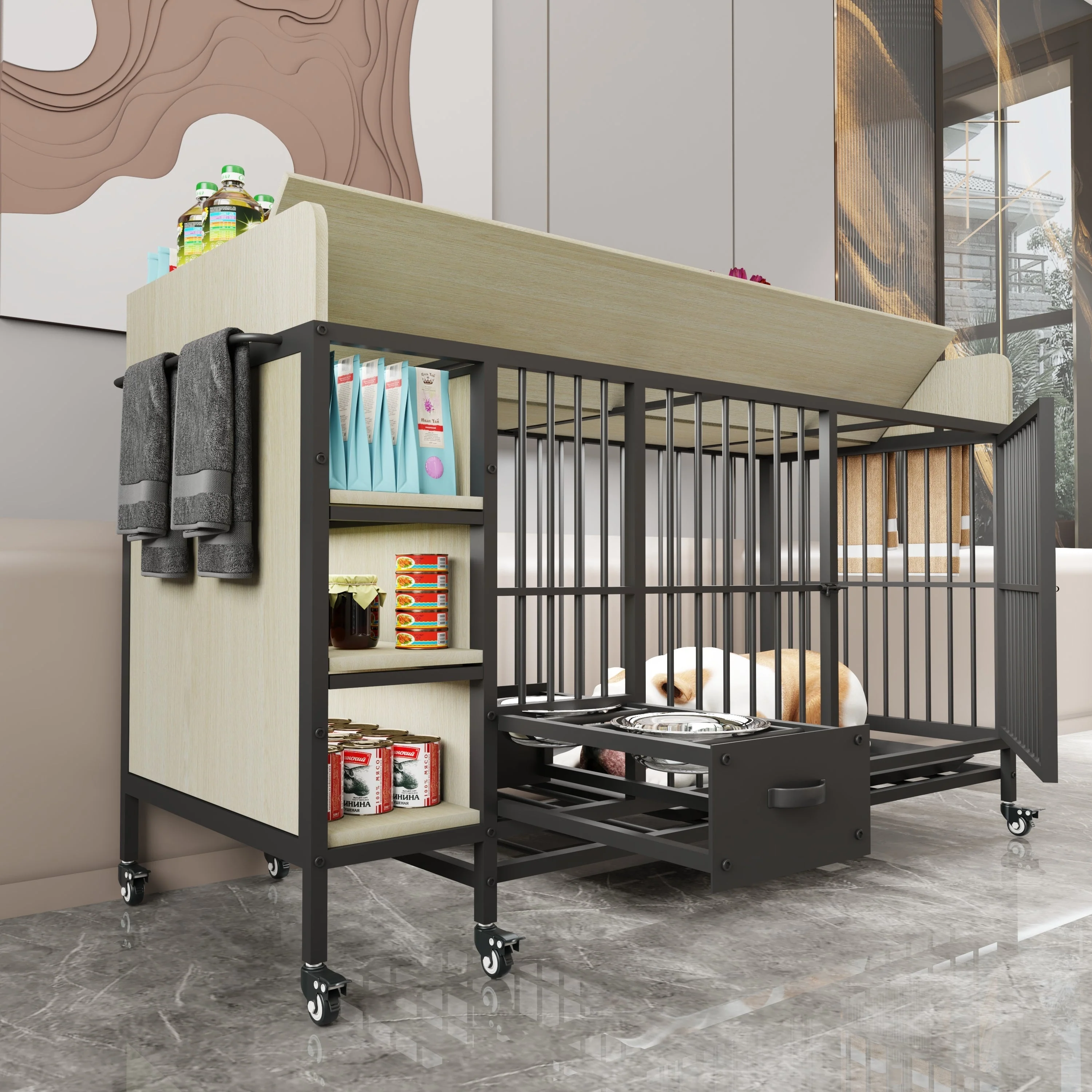 Large Pet Cage with Storage Rack Black and Beige - Image 6