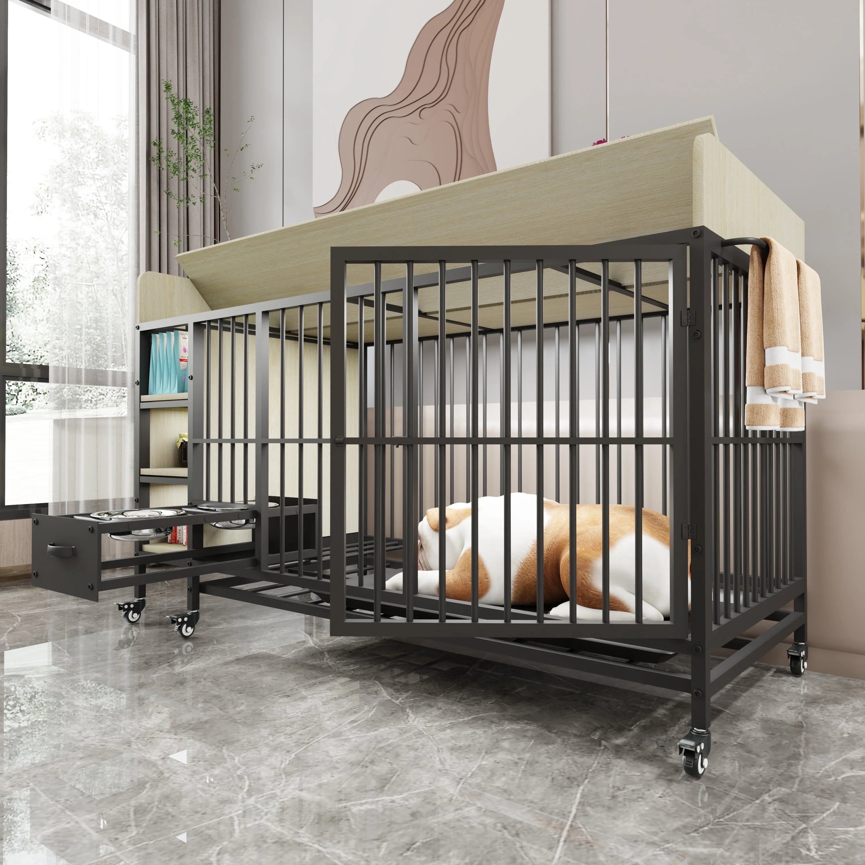 Large Pet Cage with Storage Rack Black and Beige - Image 7