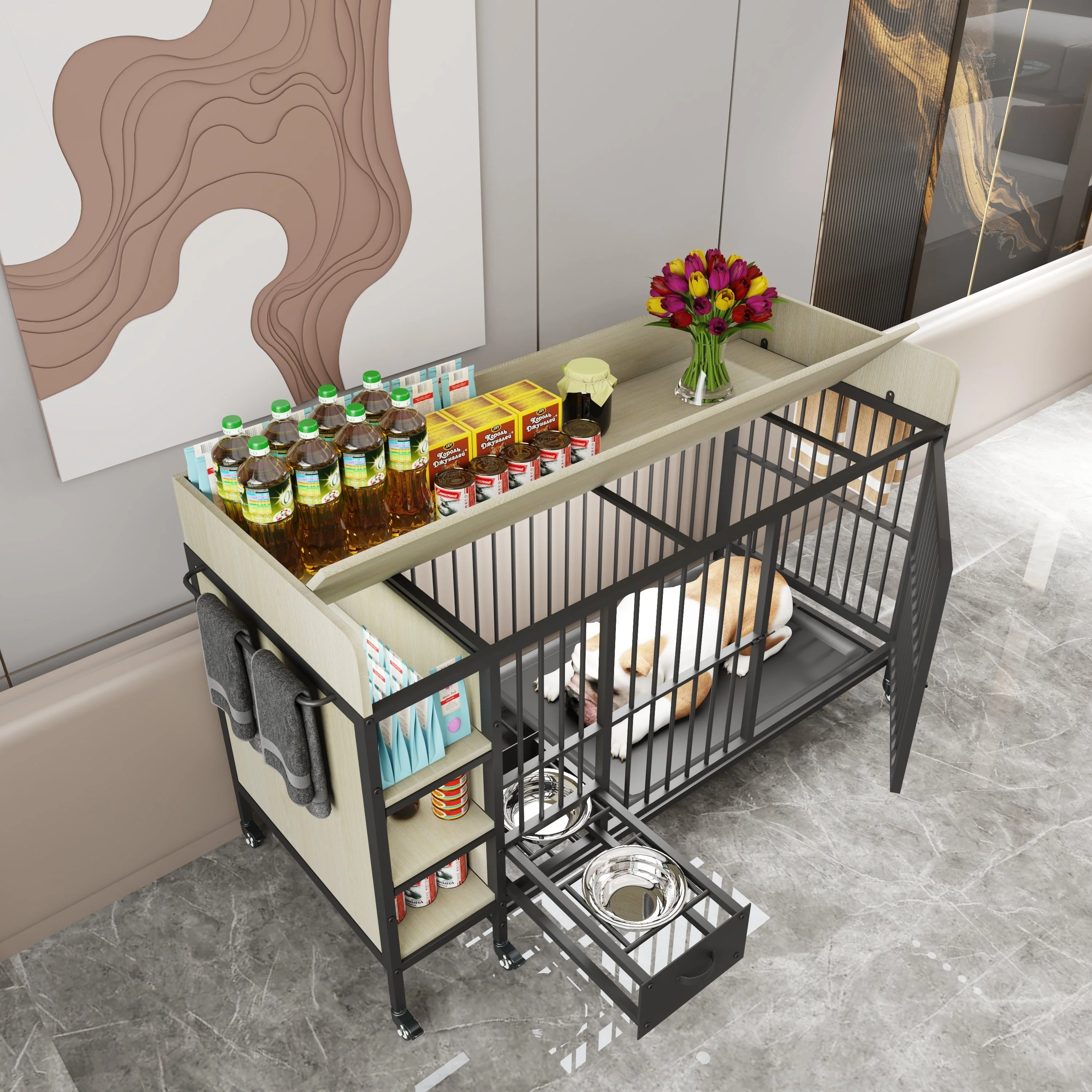 Large Pet Cage with Storage Rack Black and Beige - Image 8