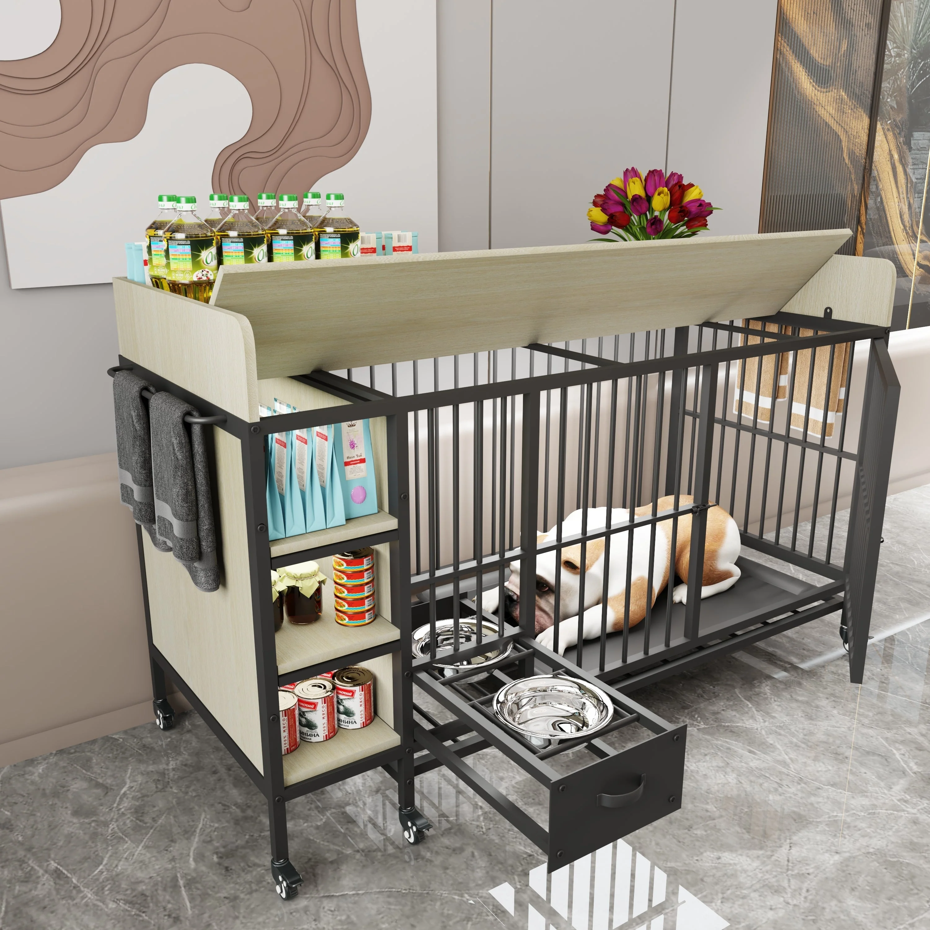 Large Pet Cage with Storage Rack Black and Beige - Image 9