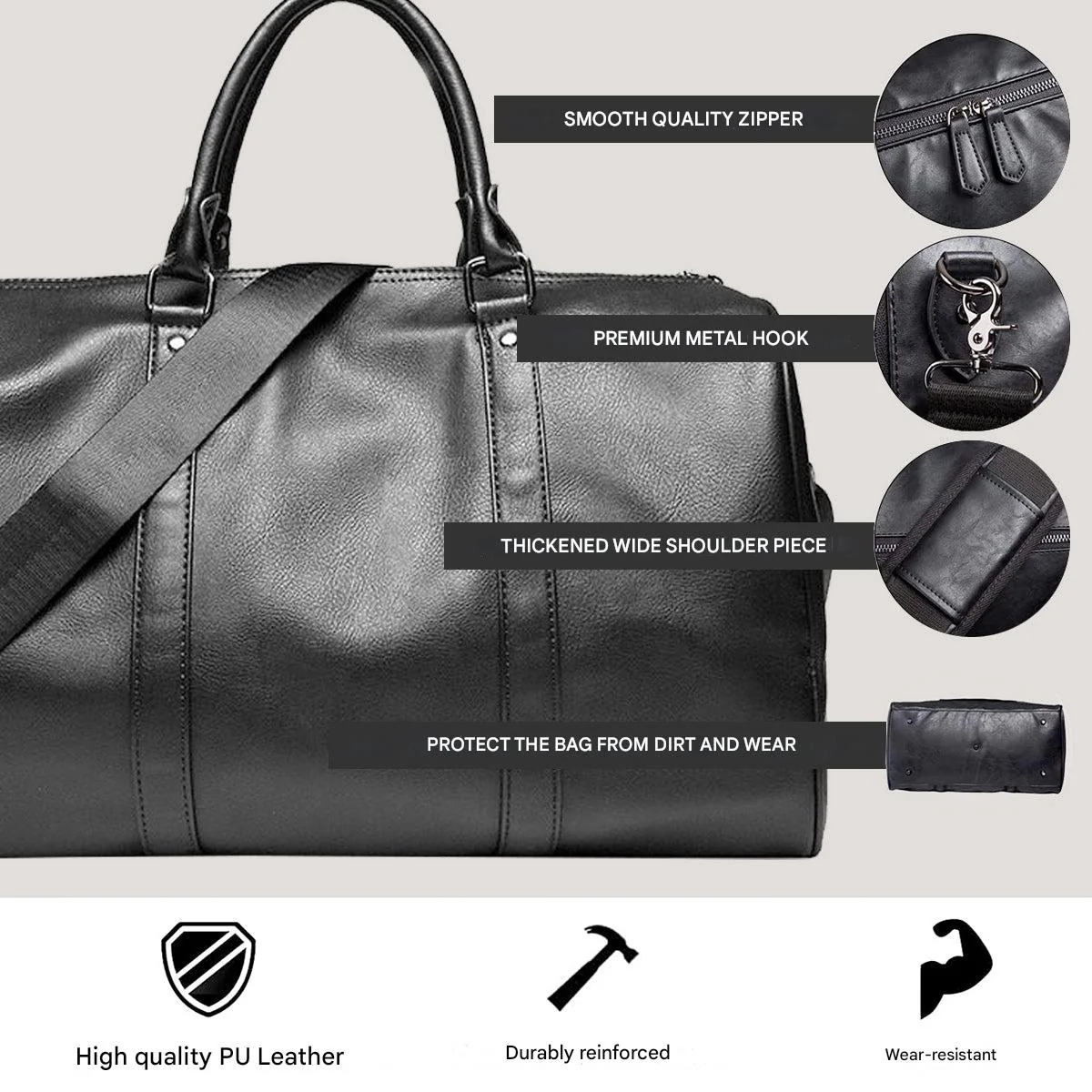 Large PU Leather Travel Duffel Bag Lightweight Carry On Weekender 45cm - Image 3