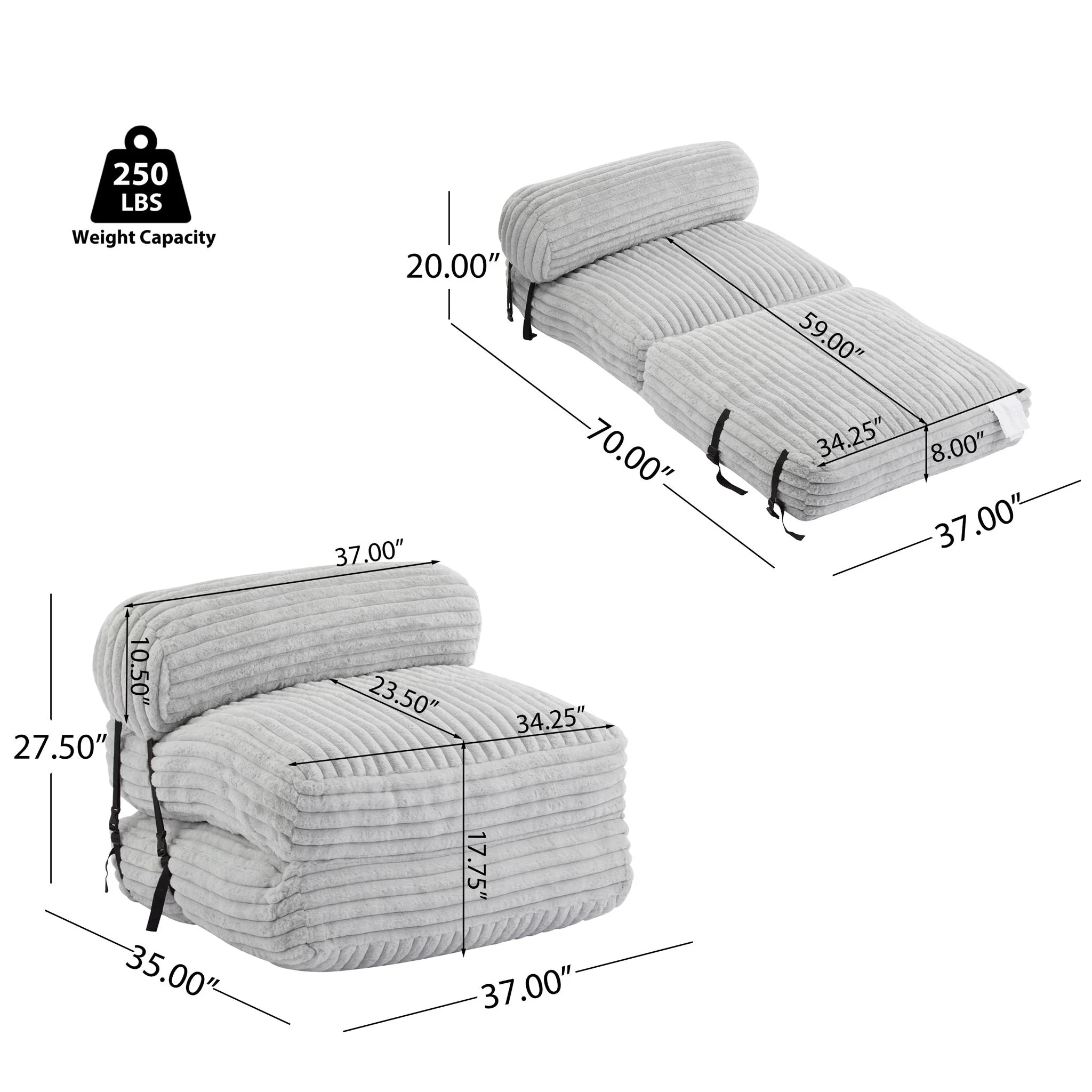 Latina Indoor Foldable Bean Bag Lounge Chair - Light Gray - Image 3