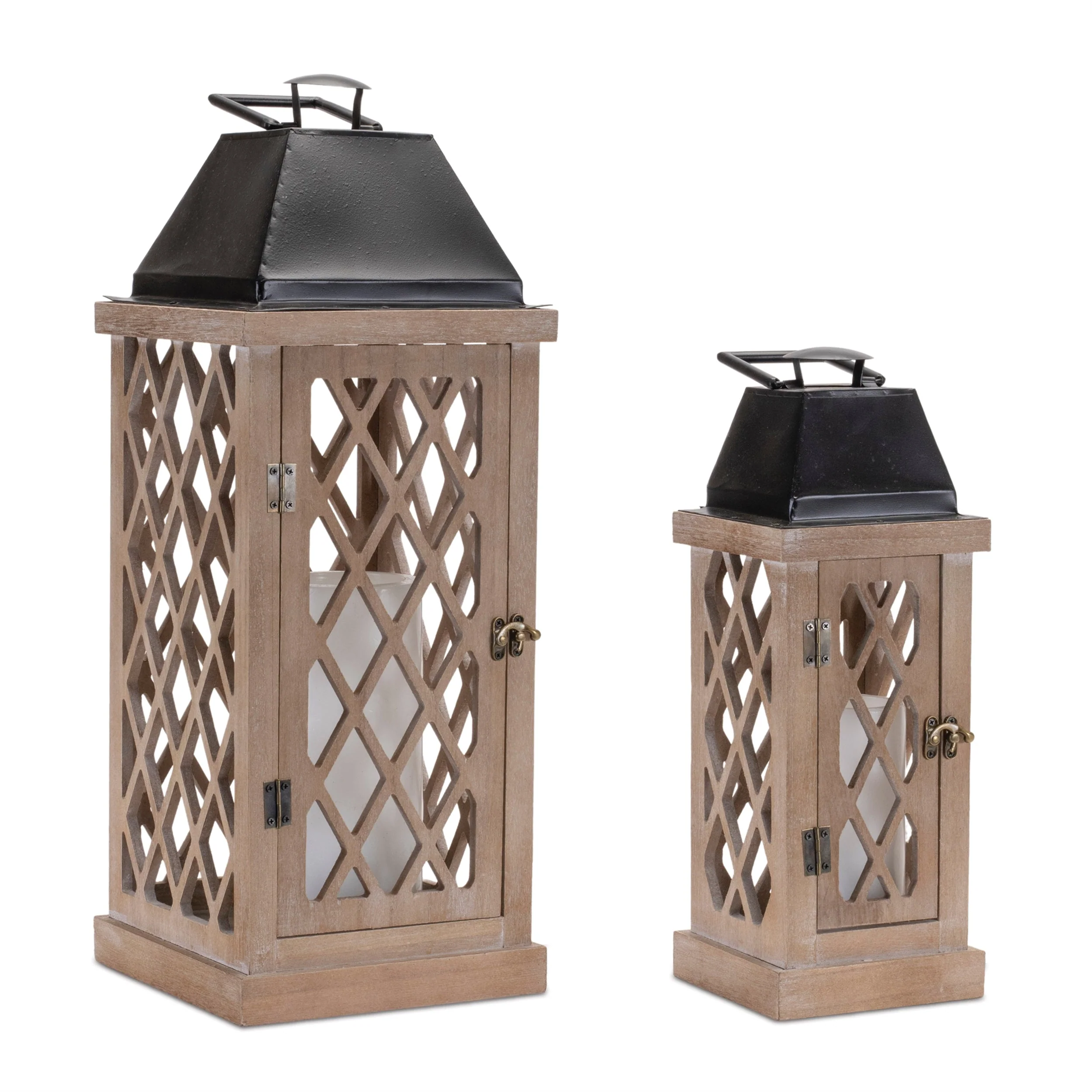 Lattice wood lantern with metal lid (set of 2) - Image 3
