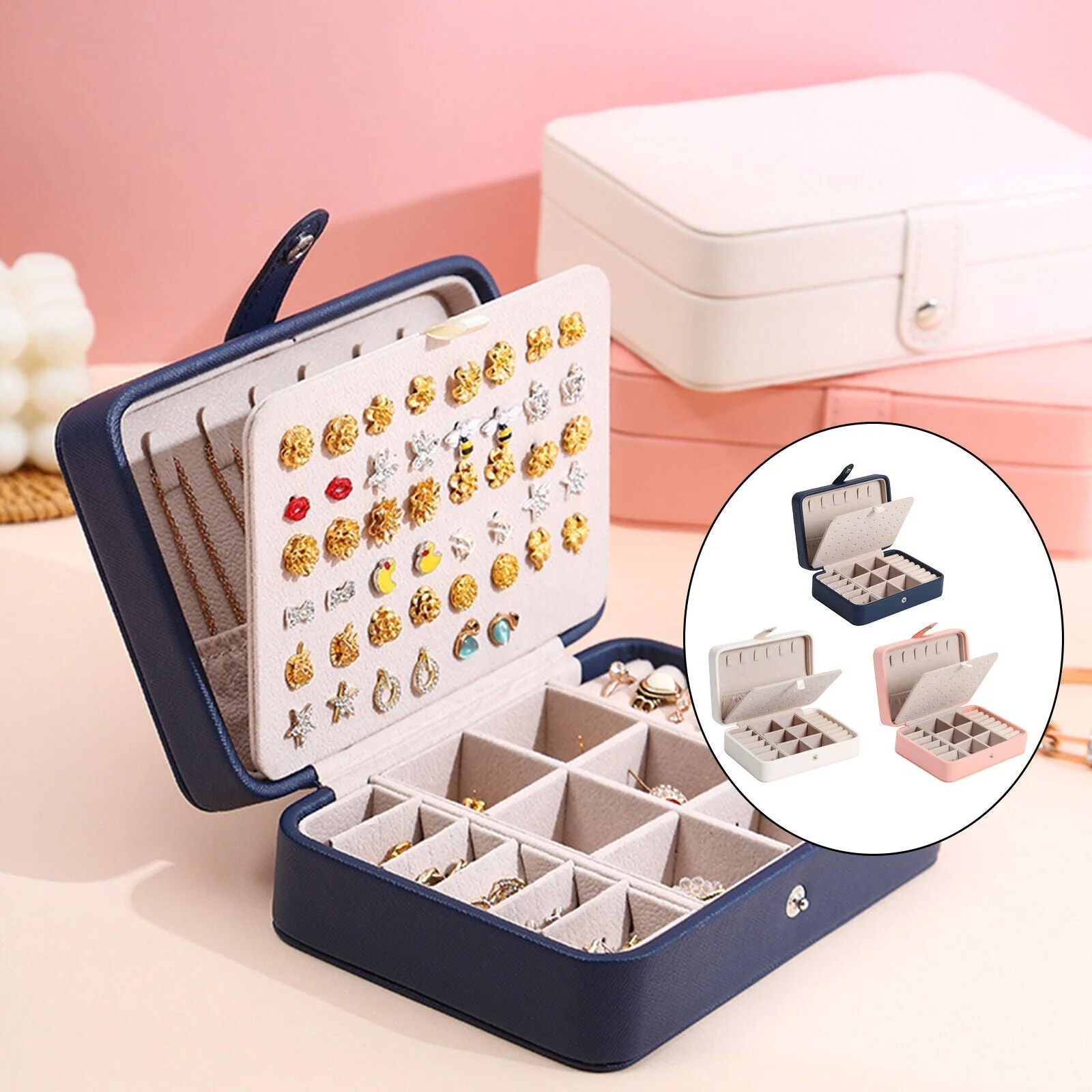 Leather Jewelry Box with Flip Top Compact Travel Organizer 16cm - Image 12