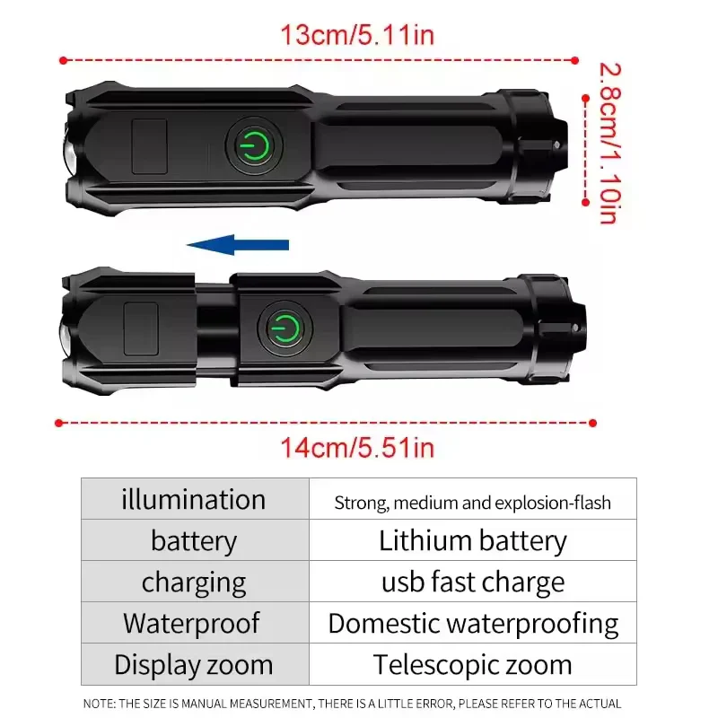 LED Camping Flashlight Rechargeable USB Zoom Spotlight Waterproof Outdoor - Image 5
