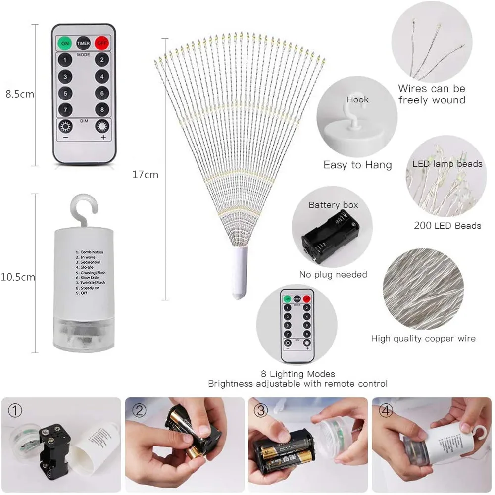 LED Firework Fairy Lights Copper Wire Starburst 8 Modes Remote Outdoor Decor - Image 4