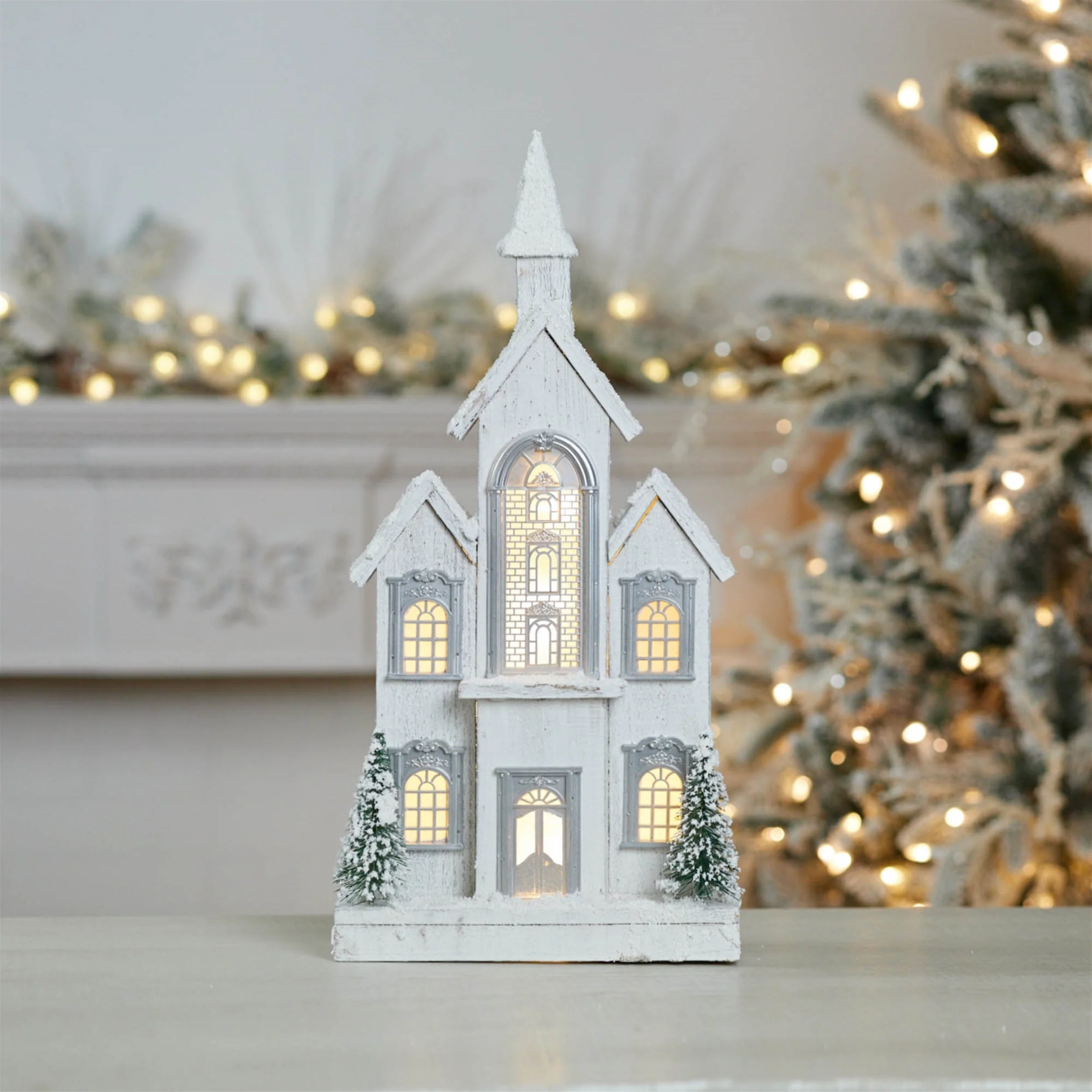 LED Flocked Wooden Church 22"H - Image 2