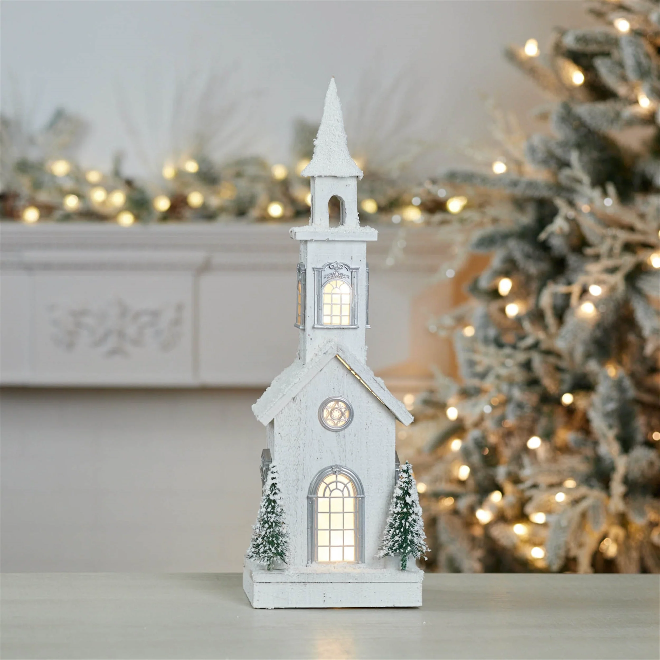 LED Flocked Wooden Church 24"H - Image 2