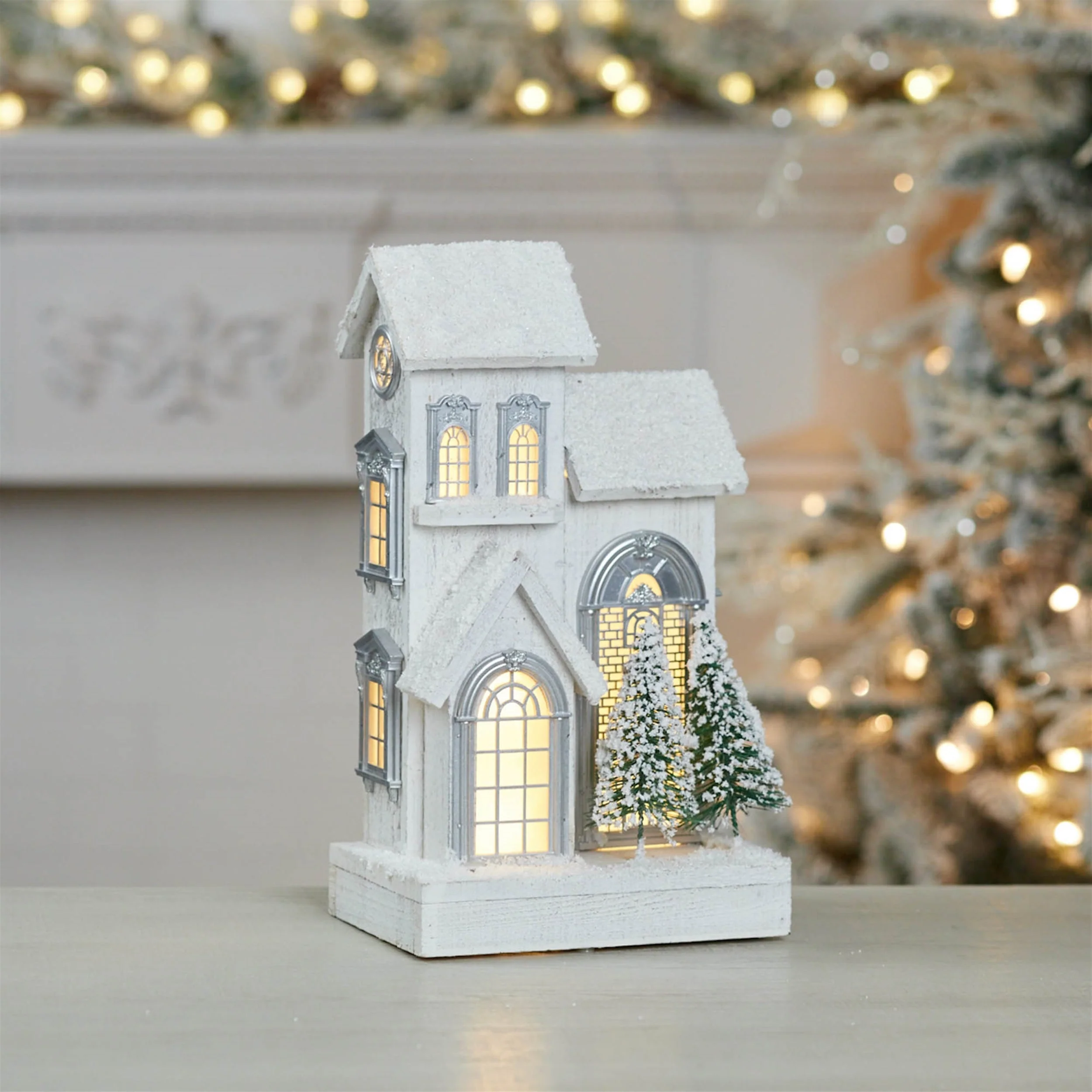 LED Flocked Wooden House 14.5"H - Image 2