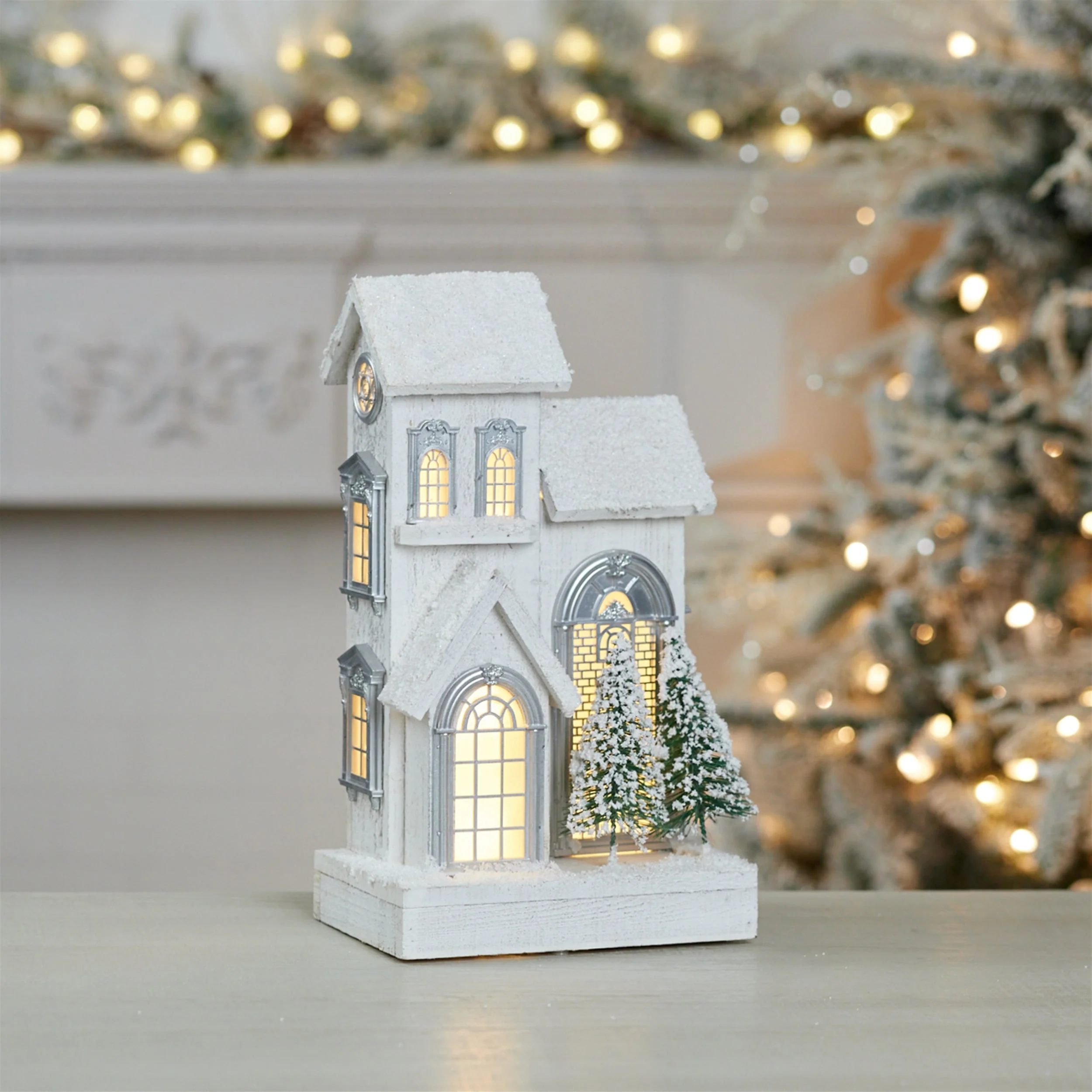 LED Flocked Wooden House 14.5"H - Image 3