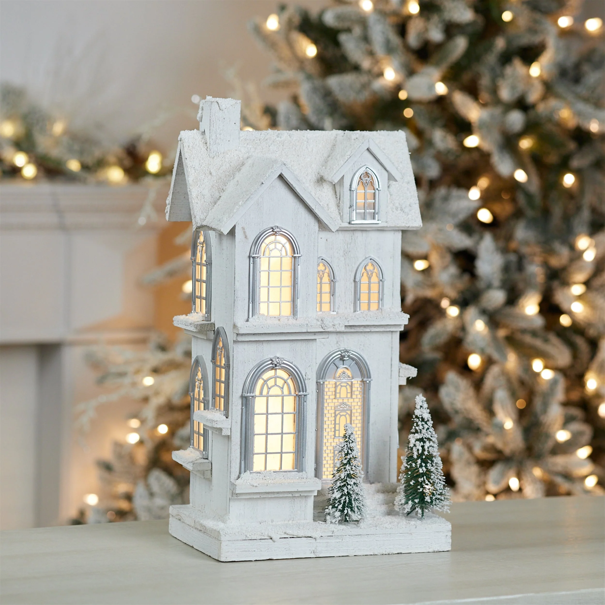LED Flocked Wooden House 21.5"H - Image 2