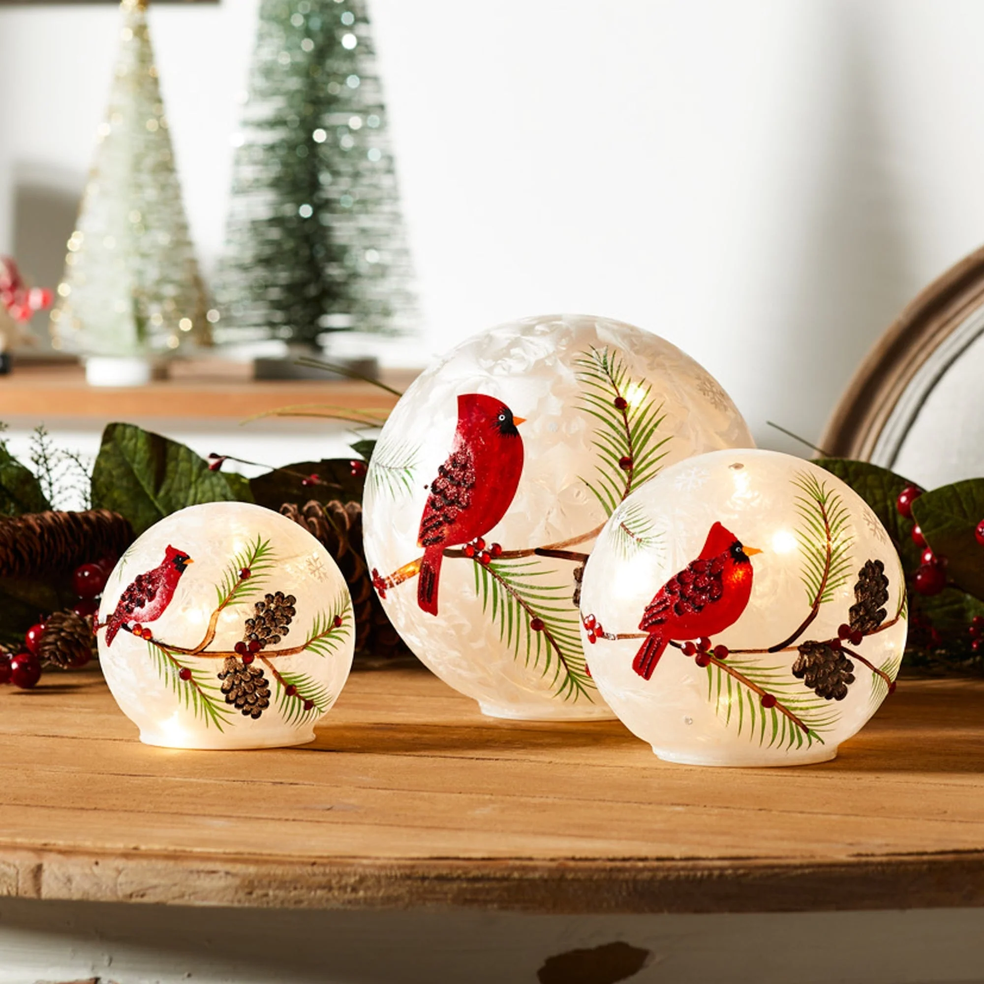 LED Frosted Glass Cardinal and Pine Orb (Set of 3) - Image 2