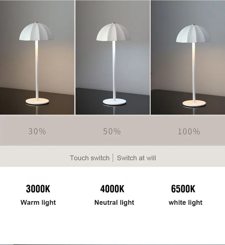 LED Metal Table Lamp Rechargeable Touch Dimmable Desk Lamp Umbrella Shade - Image 6