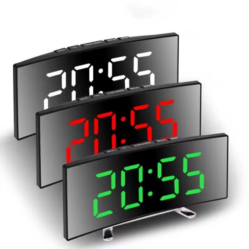 LED Mirror Alarm Clock Large Curved Digital Desktop Smart Silent Living Room