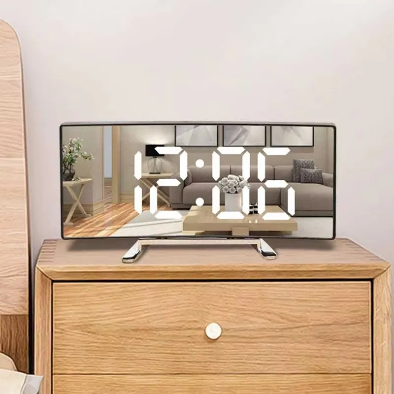 LED Mirror Alarm Clock Large Curved Digital Desktop Smart Silent Living Room - Image 3