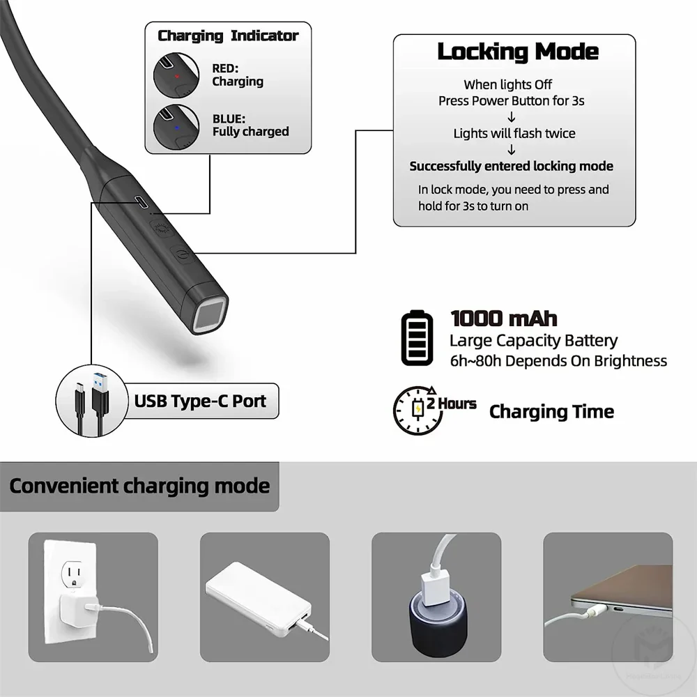 LED Rechargeable Neck Reading Light 3 Color Stepless Dimming Book Light - Image 3
