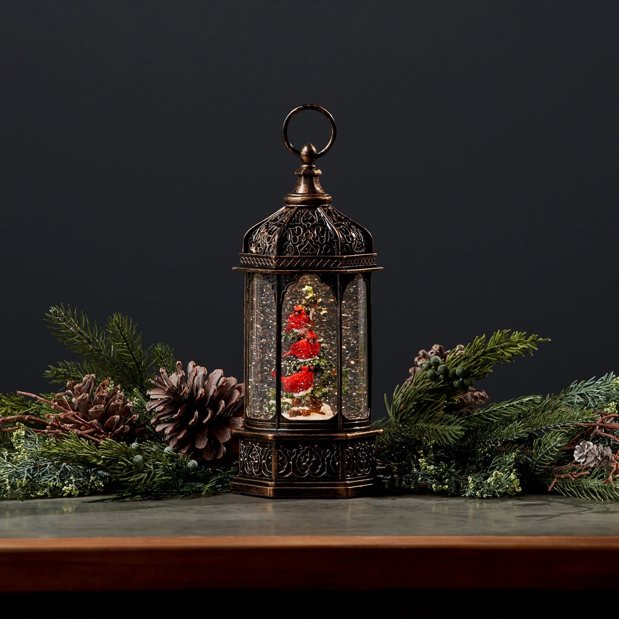 LED Snow Globe Lantern with Cardinal Bird Branch 13"H - Image 3