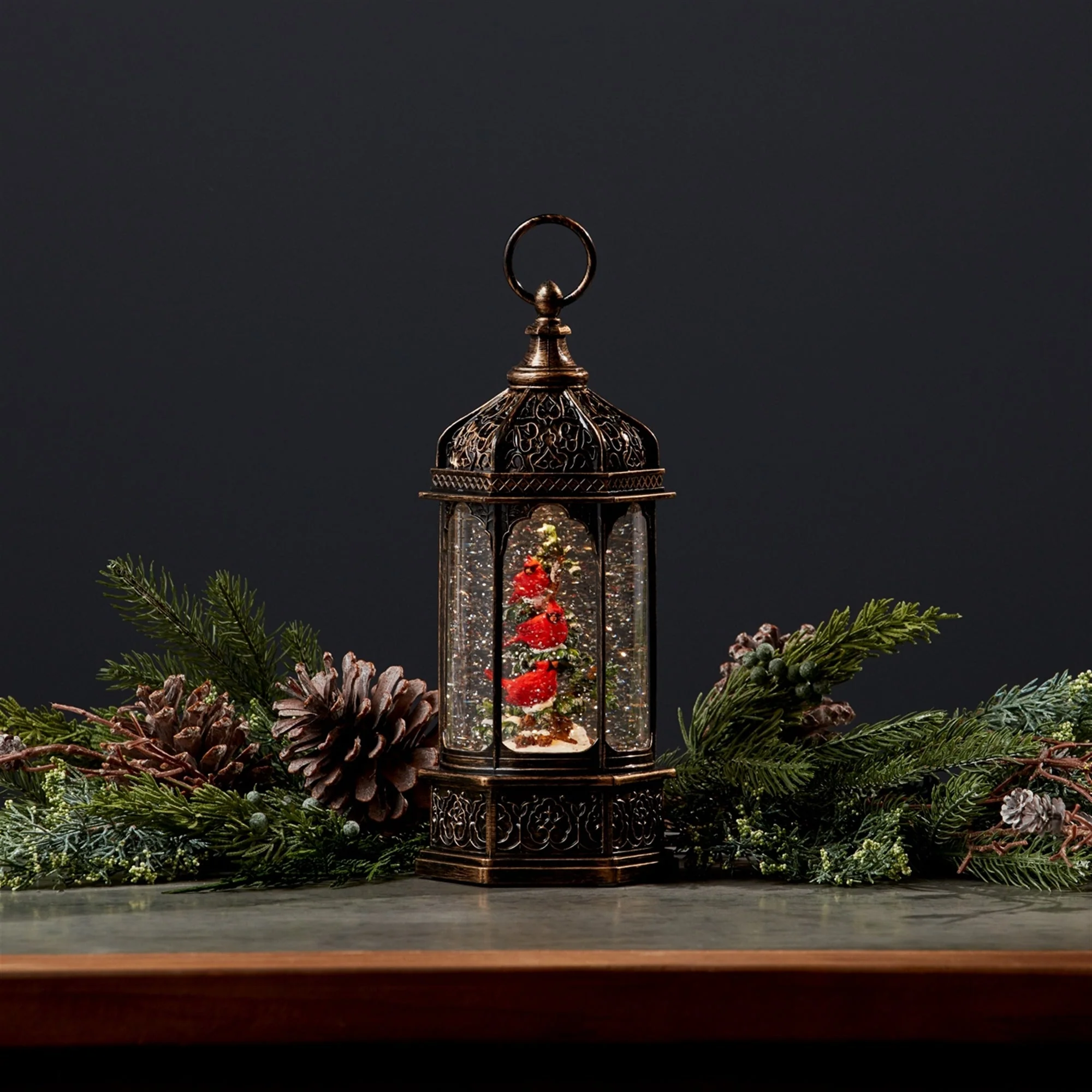 LED Snow Globe Lantern with Cardinal Bird Branch 13"H - Image 4