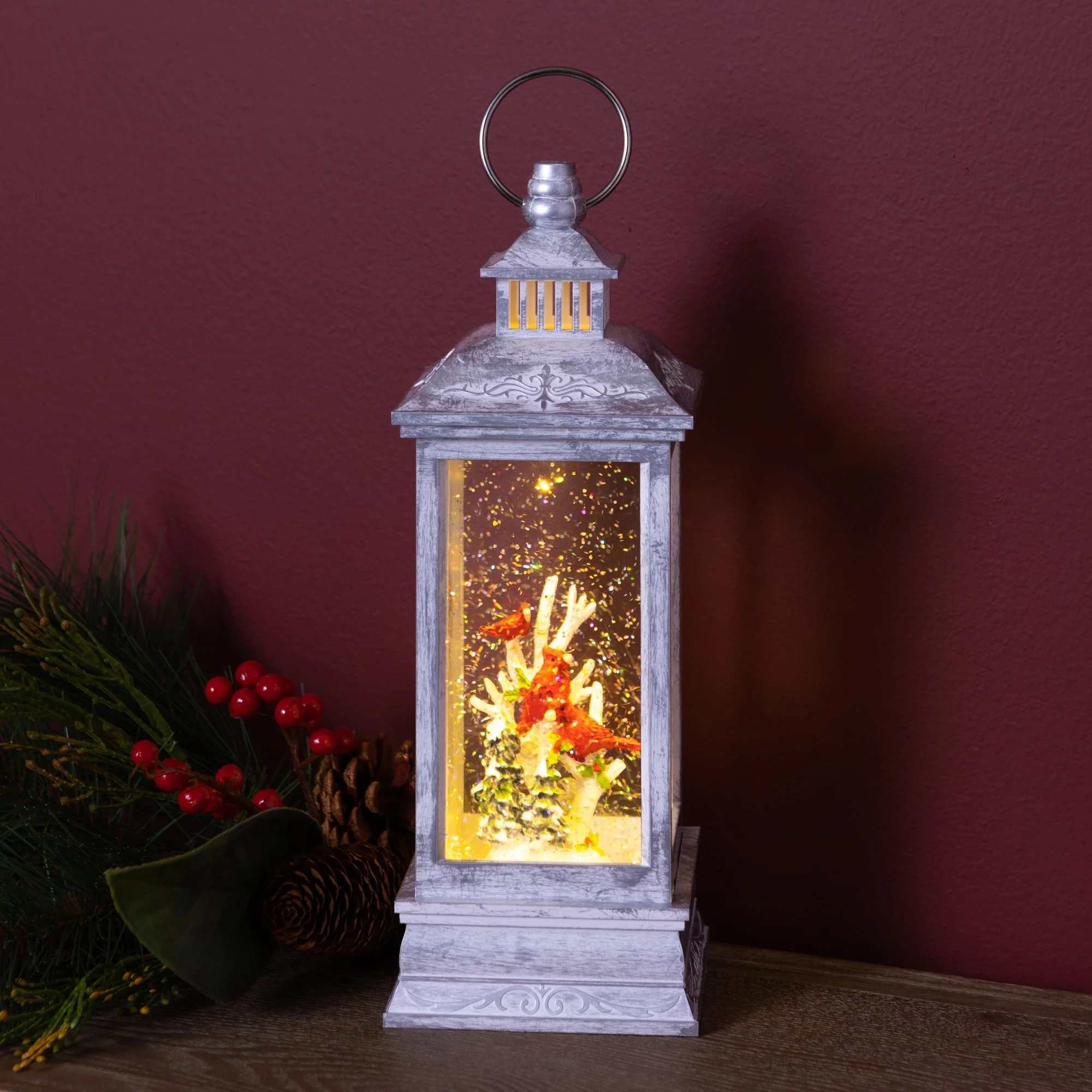 LED Snow Globe Lantern with Cardinal Bird Scene 12.74"H - Image 3