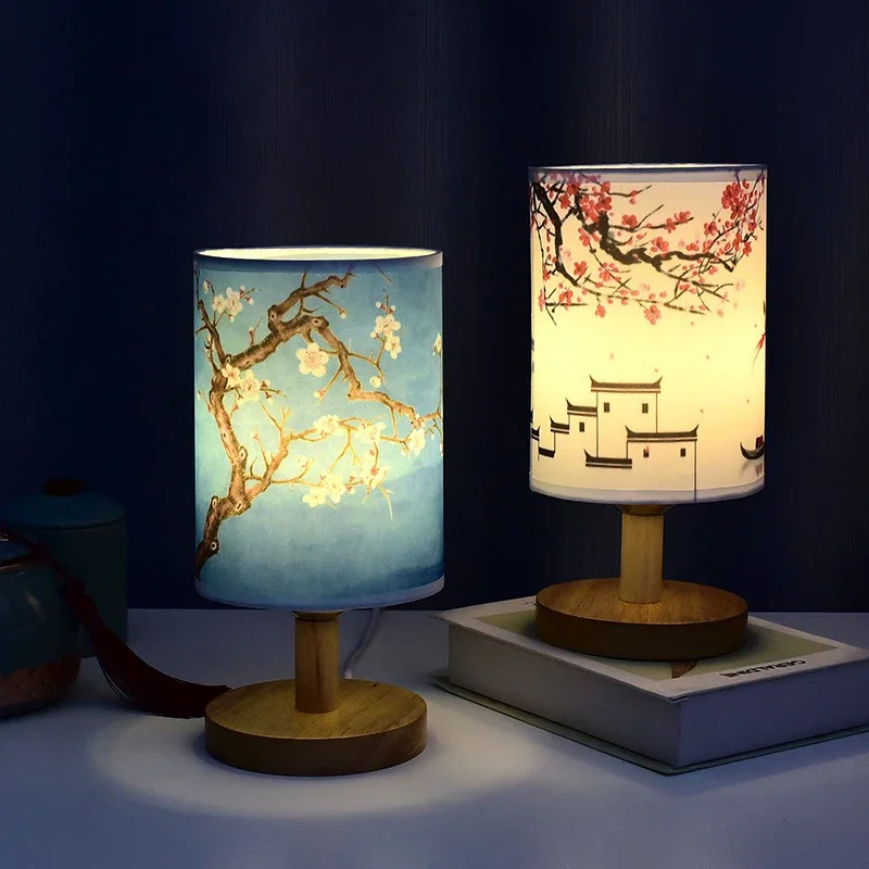 LED Square Table Lamp Dimmable Bedside Light Fabric Shade Chinese Style Decor - Image 2