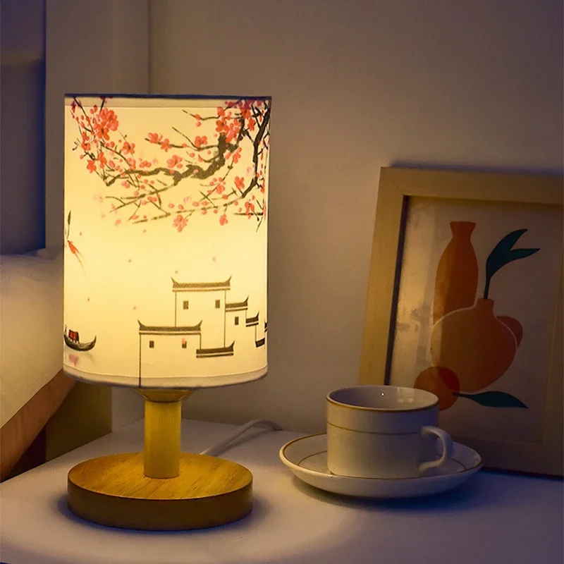 LED Square Table Lamp Dimmable Bedside Light Fabric Shade Chinese Style Decor - Image 3